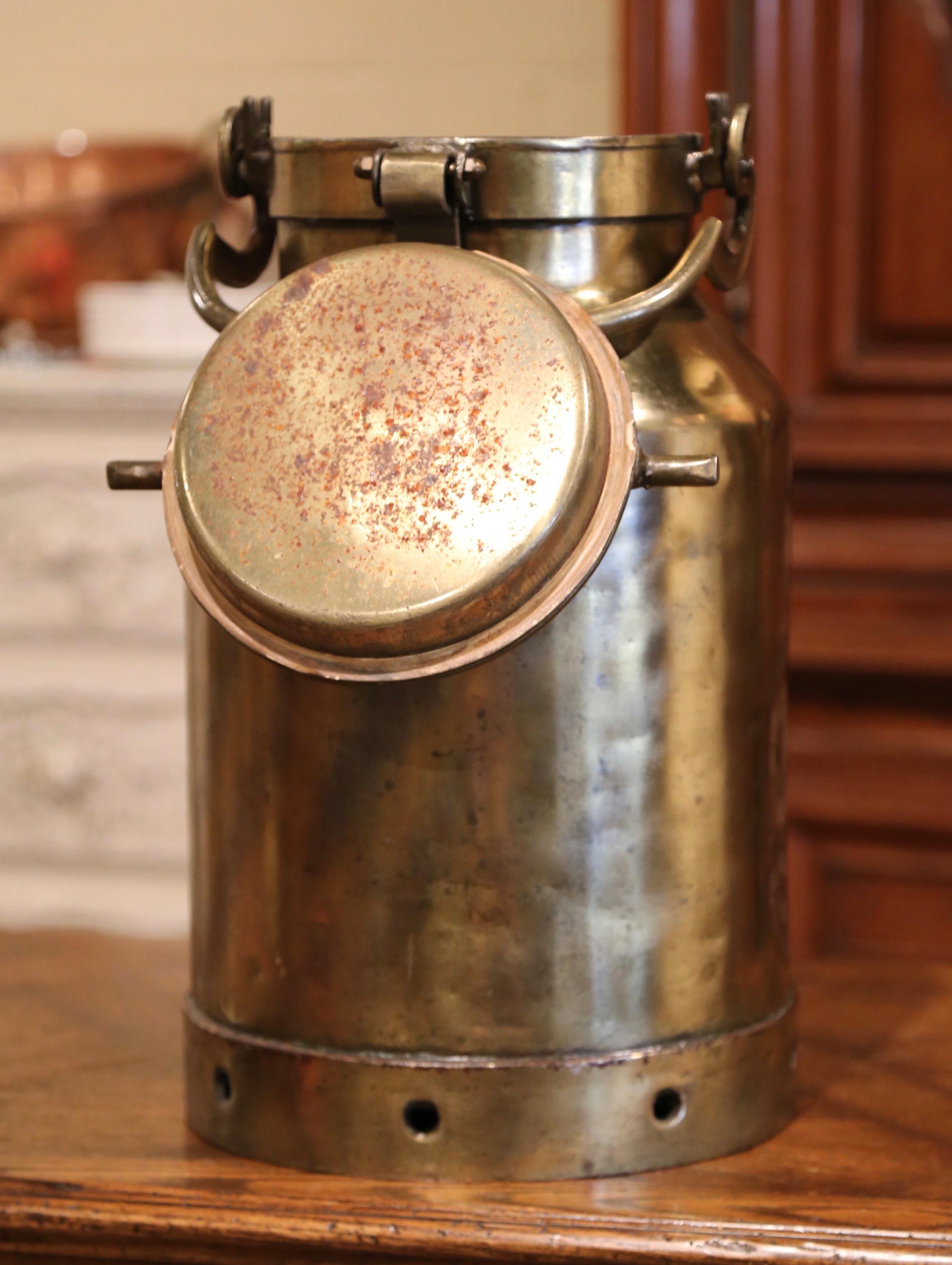 19th Century French Patinated Brass Milk Container with Handle and Lid 4