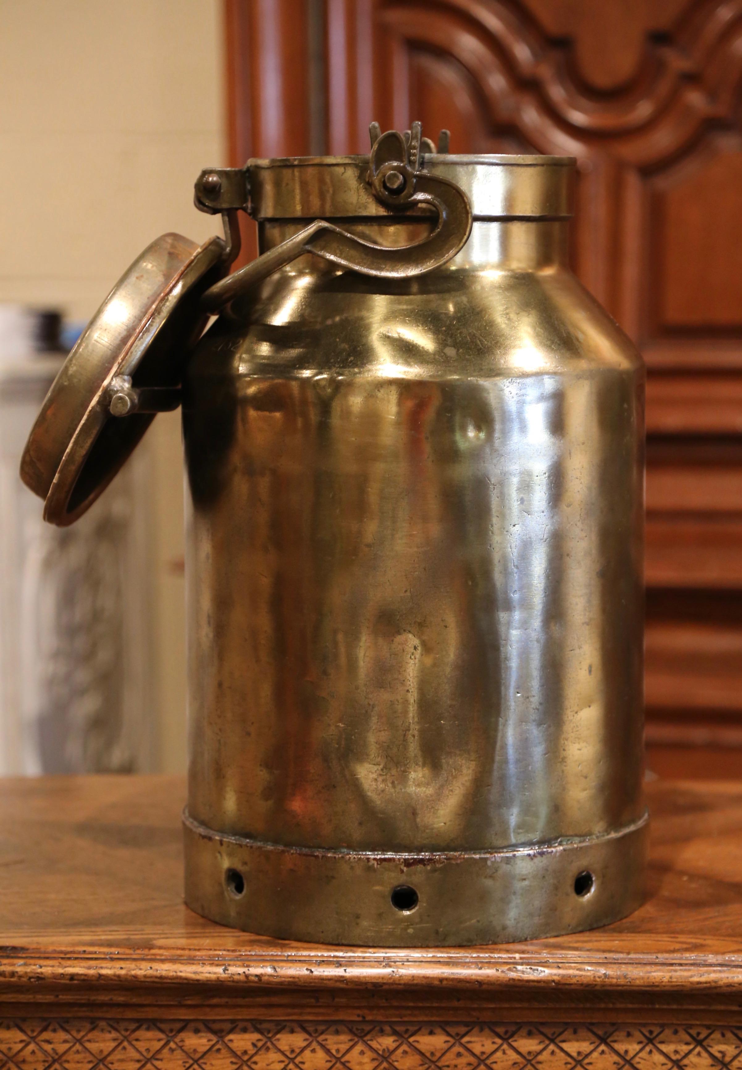 19th Century French Patinated Brass Milk Container with Handle and Lid 5
