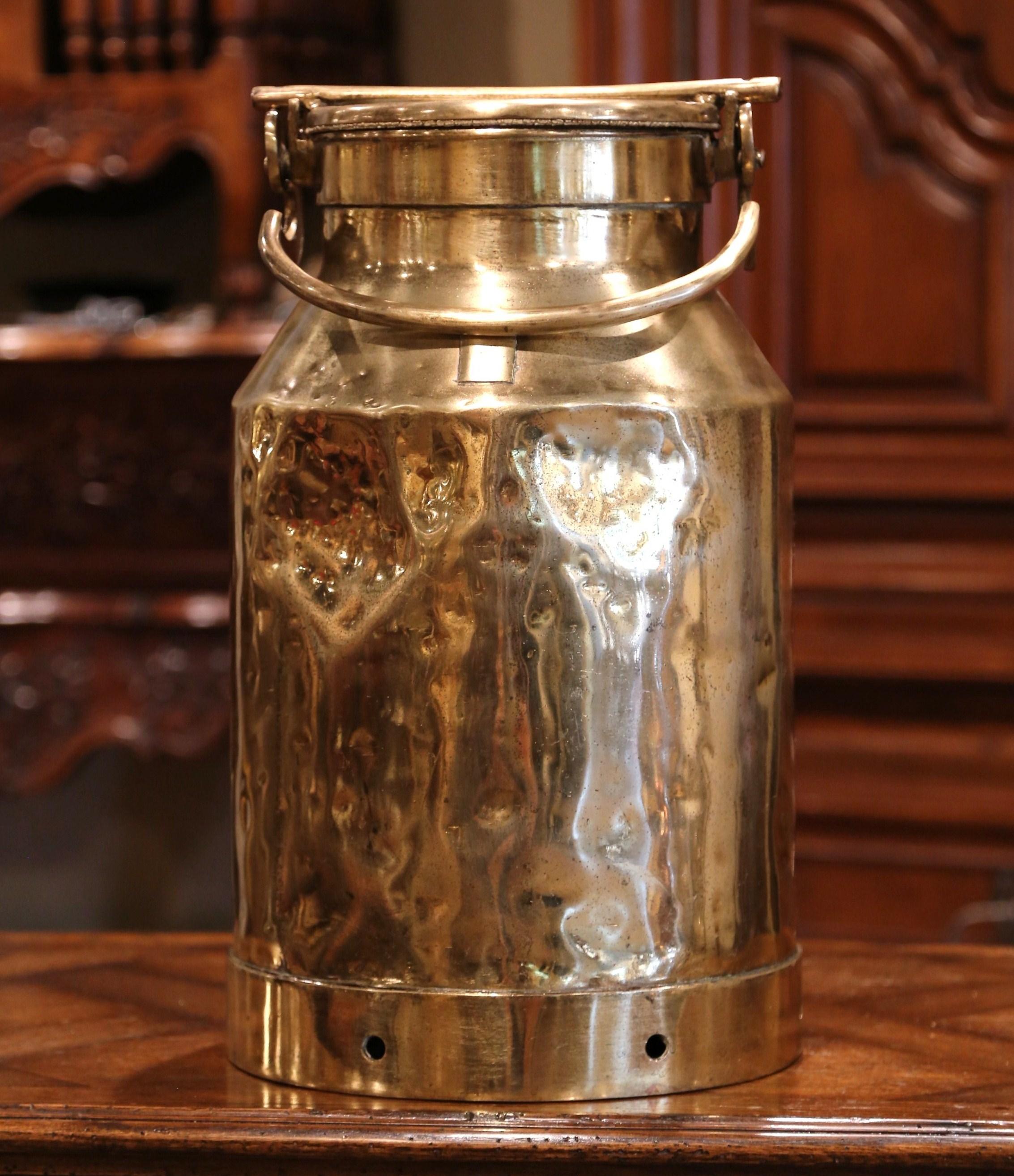 Hand-Crafted 19th Century French Patinated Brass Milk Container with Handle and Lid
