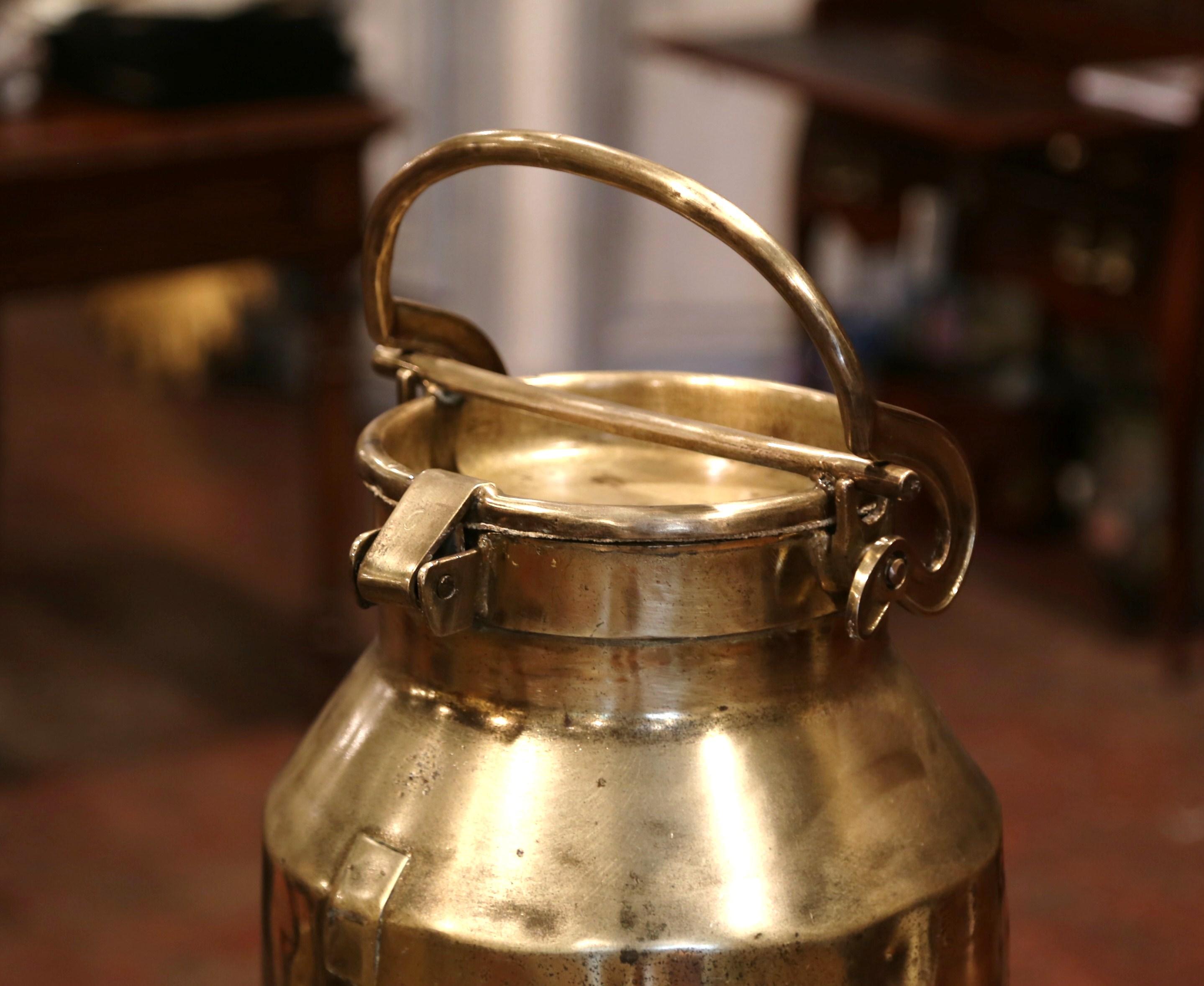 19th Century French Patinated Brass Milk Container with Handle and Lid In Excellent Condition In Dallas, TX