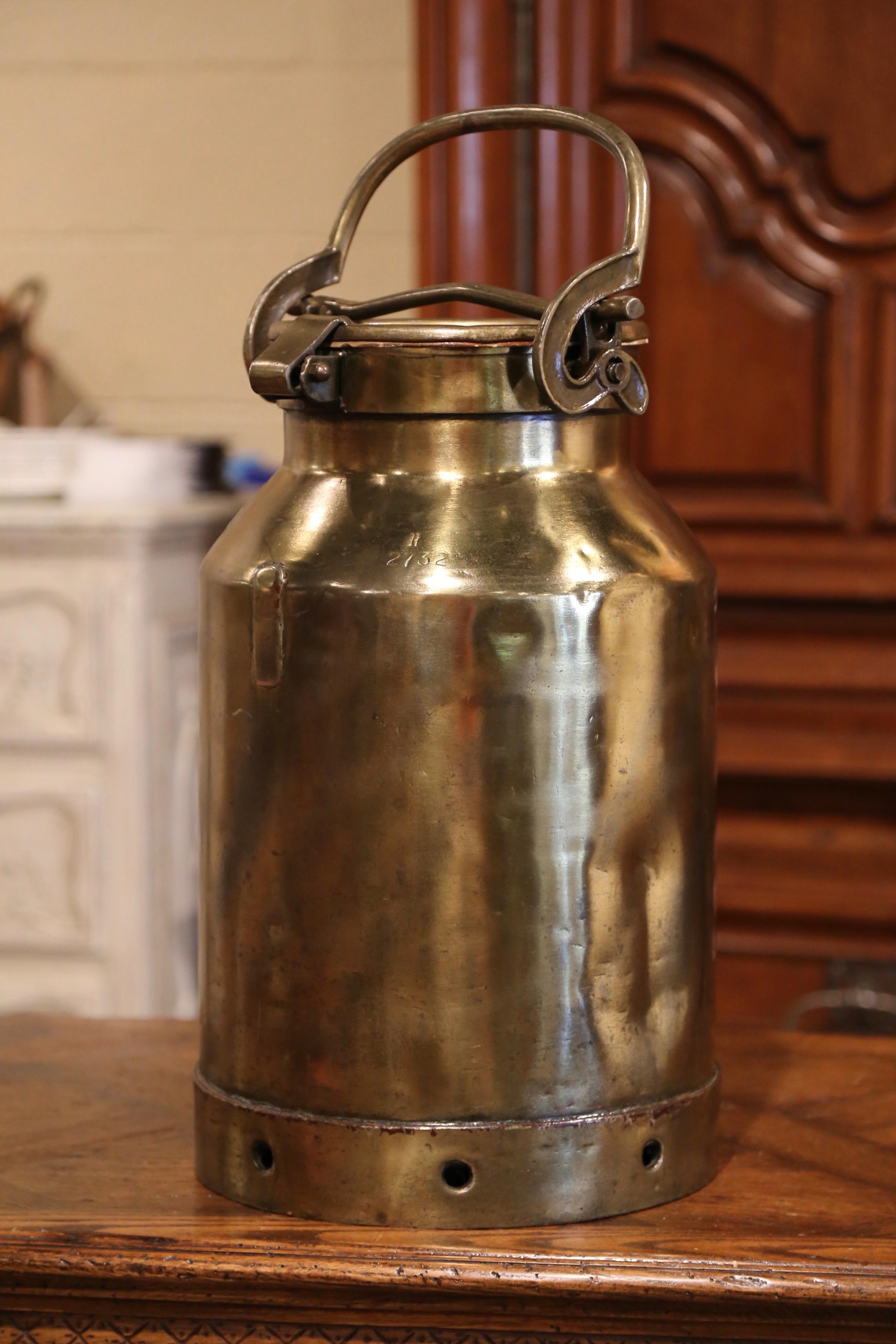 19th Century French Patinated Brass Milk Container with Handle and Lid 2