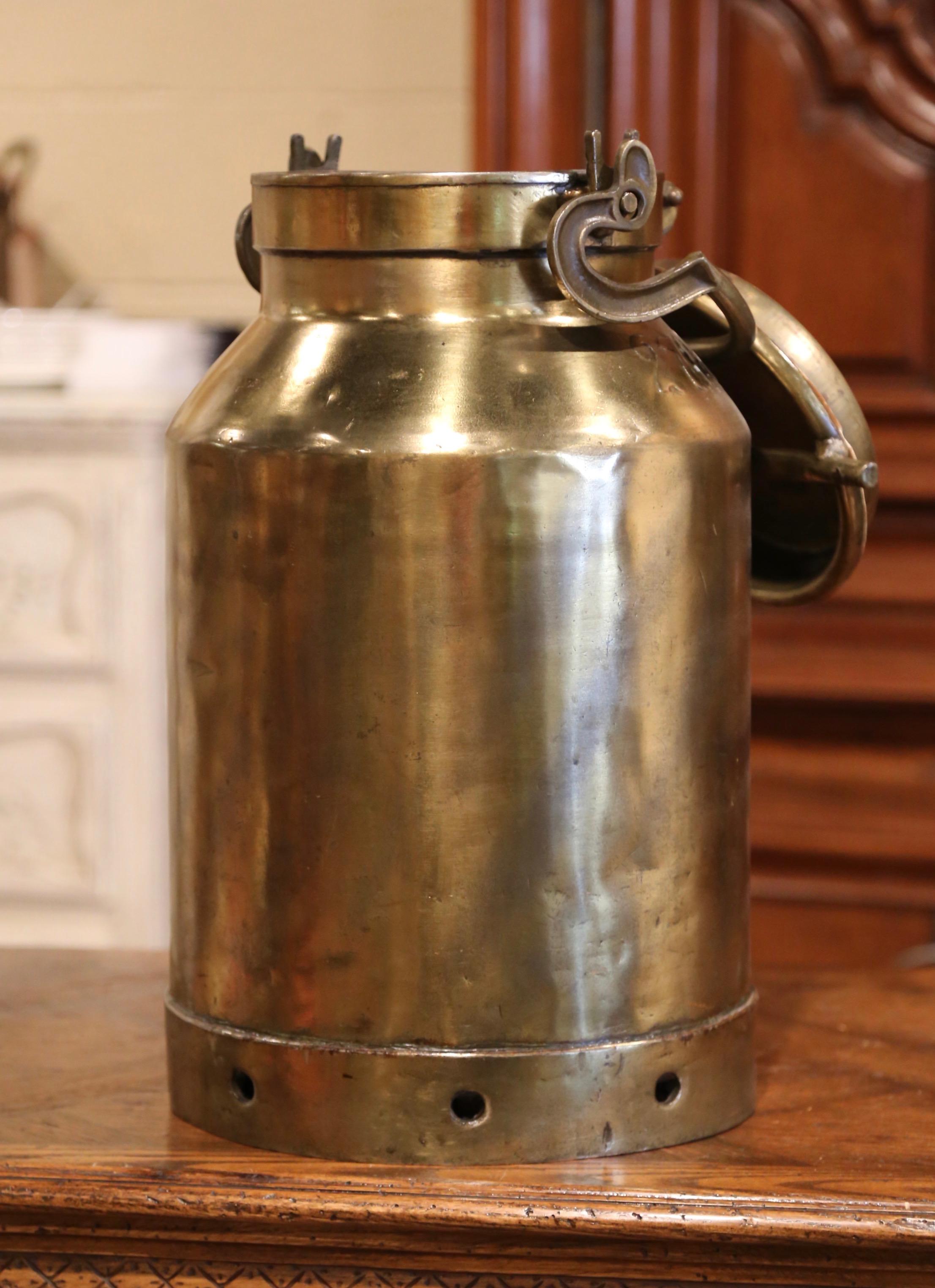 19th Century French Patinated Brass Milk Container with Handle and Lid 2