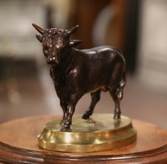 19th Century French Patinated Bronze Bull Sculpture on Oval Brass Base