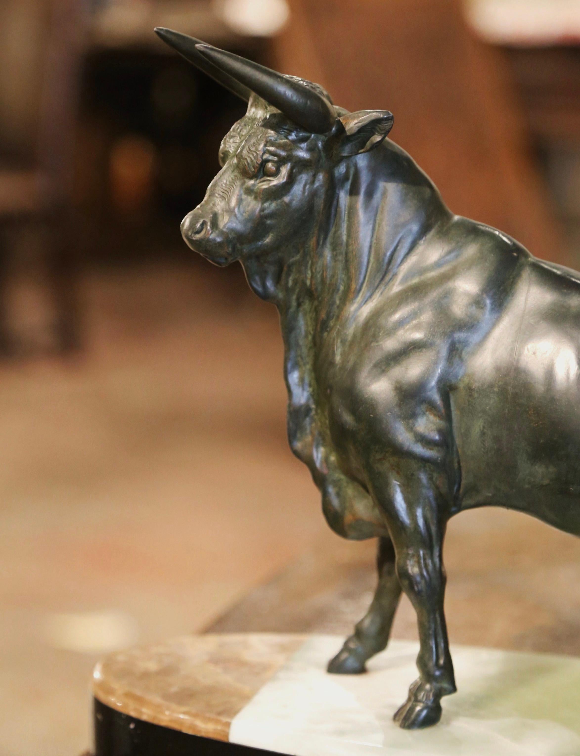 Hand-Crafted 19th Century French Patinated Bronze Bull Sculpture on Two-Tone Onyx Base