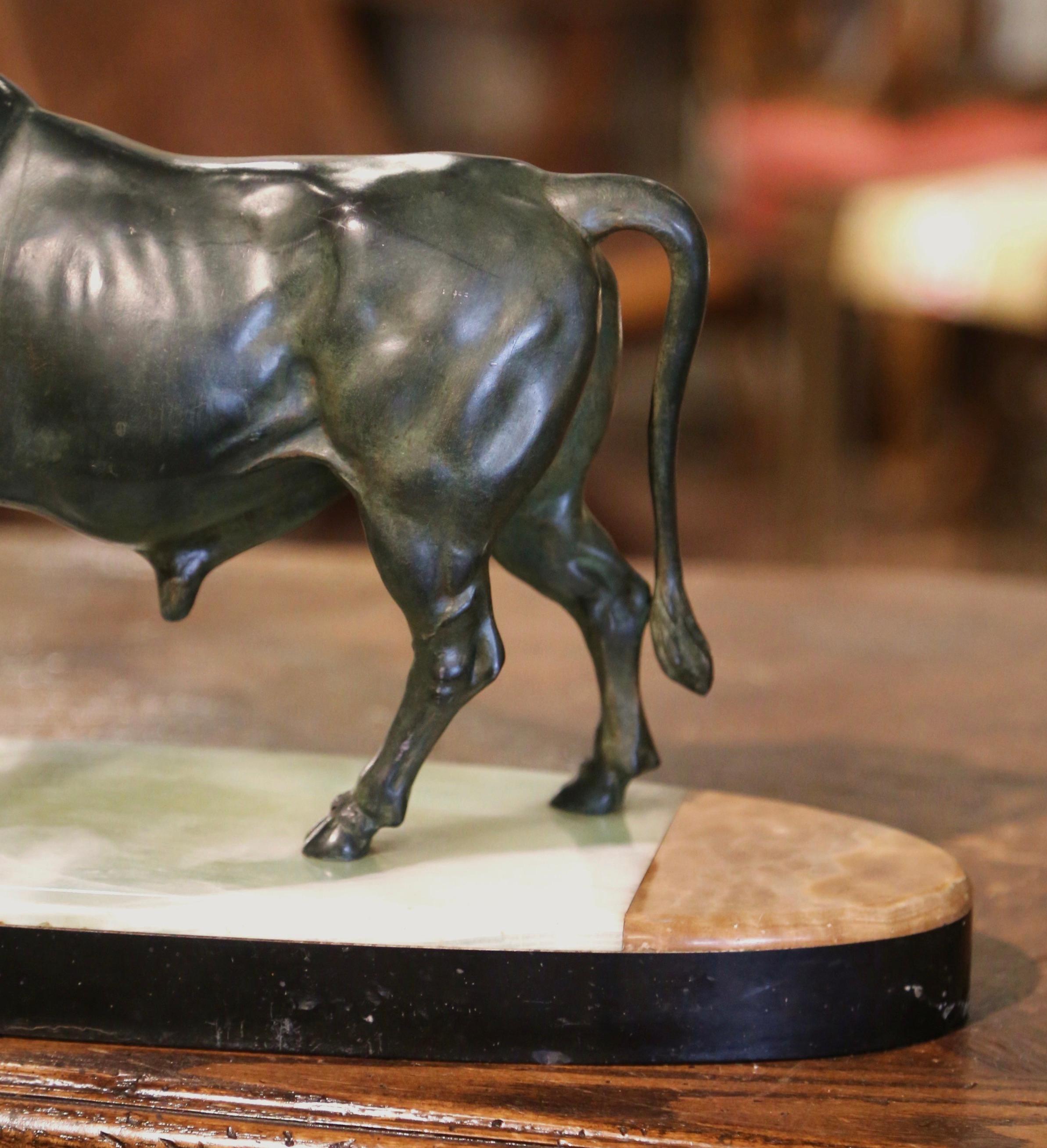 19th Century French Patinated Bronze Bull Sculpture on Two-Tone Onyx Base In Excellent Condition In Dallas, TX
