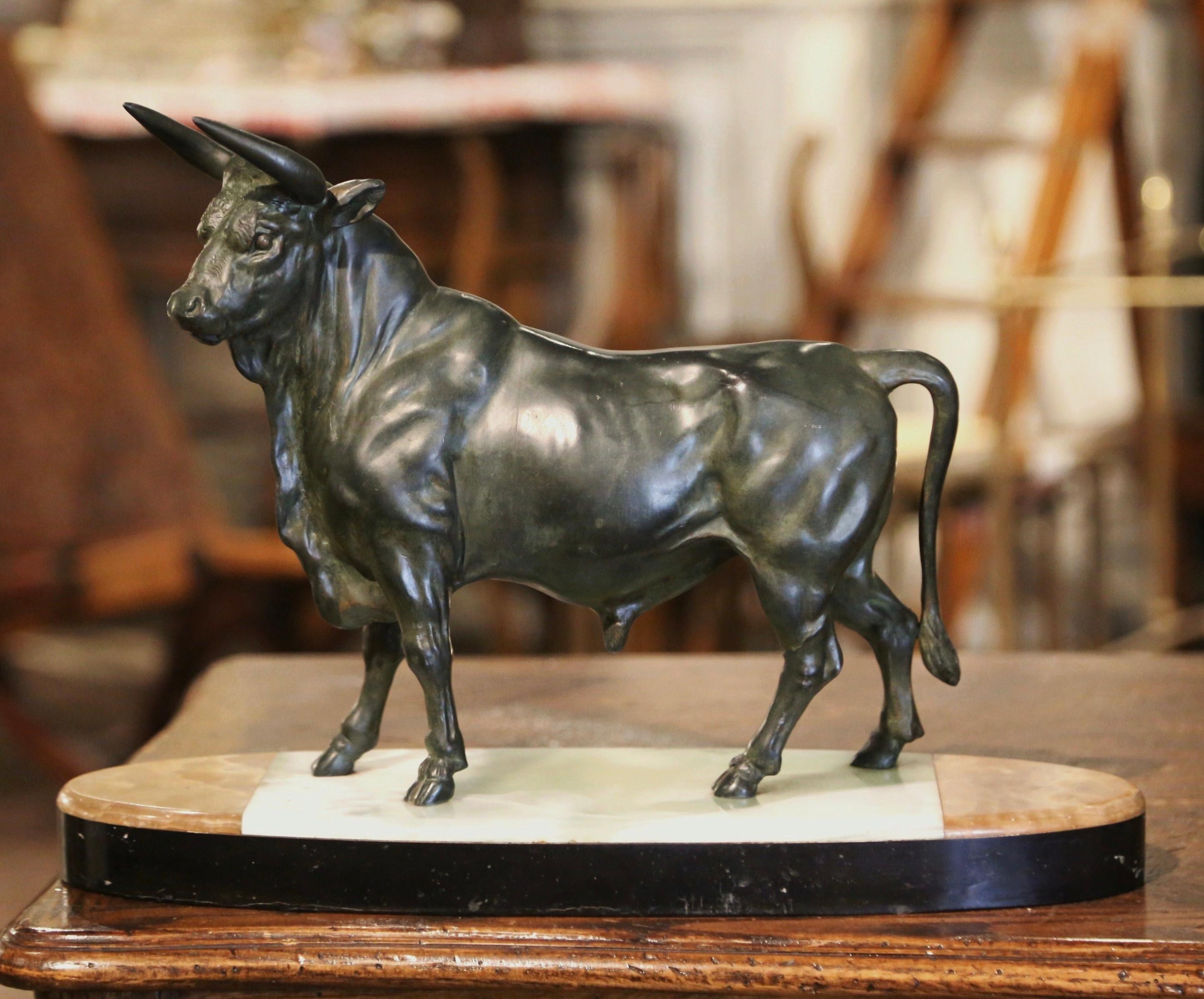 19th Century French Patinated Bronze Bull Sculpture on Two-Tone Onyx Base 1