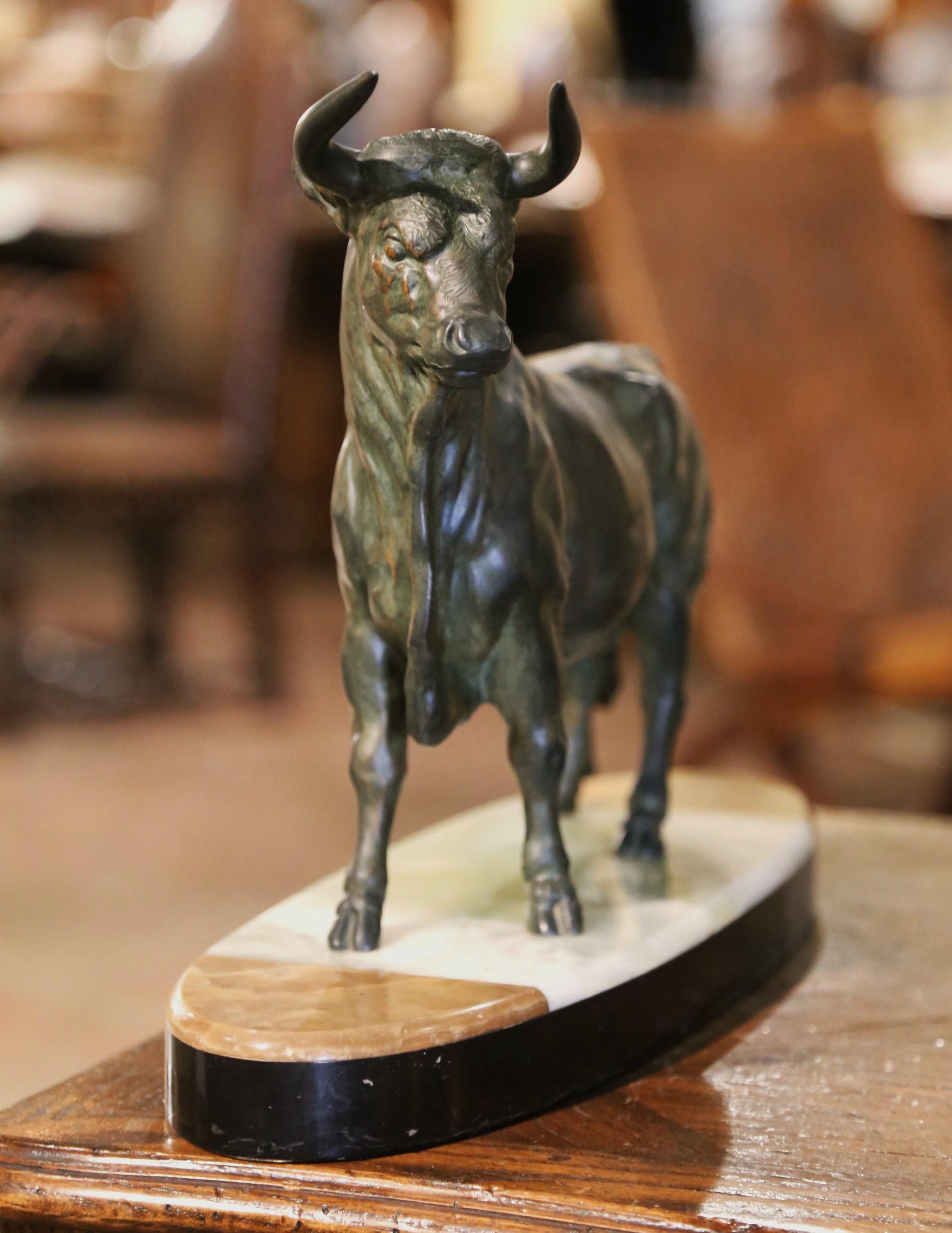 19th Century French Patinated Bronze Bull Sculpture on Two-Tone Onyx Base 3