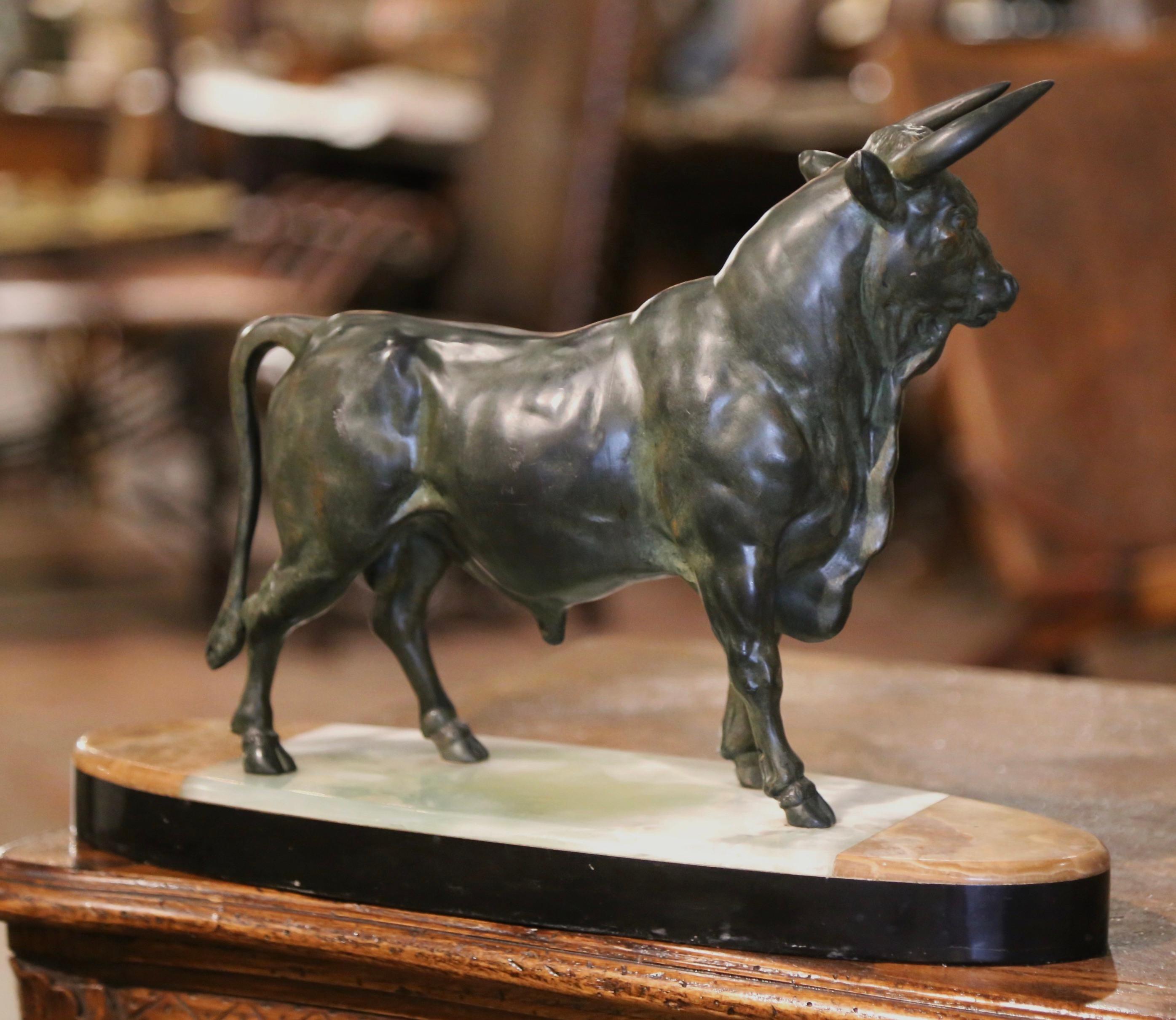 19th Century French Patinated Bronze Bull Sculpture on Two-Tone Onyx Base 4