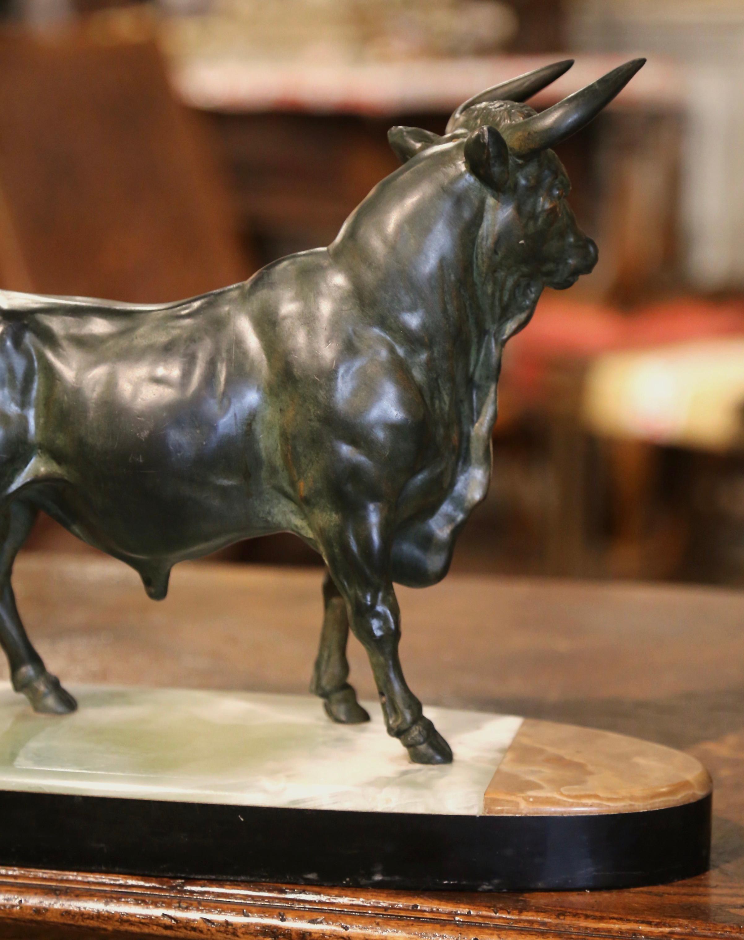19th Century French Patinated Bronze Bull Sculpture on Two-Tone Onyx Base 5