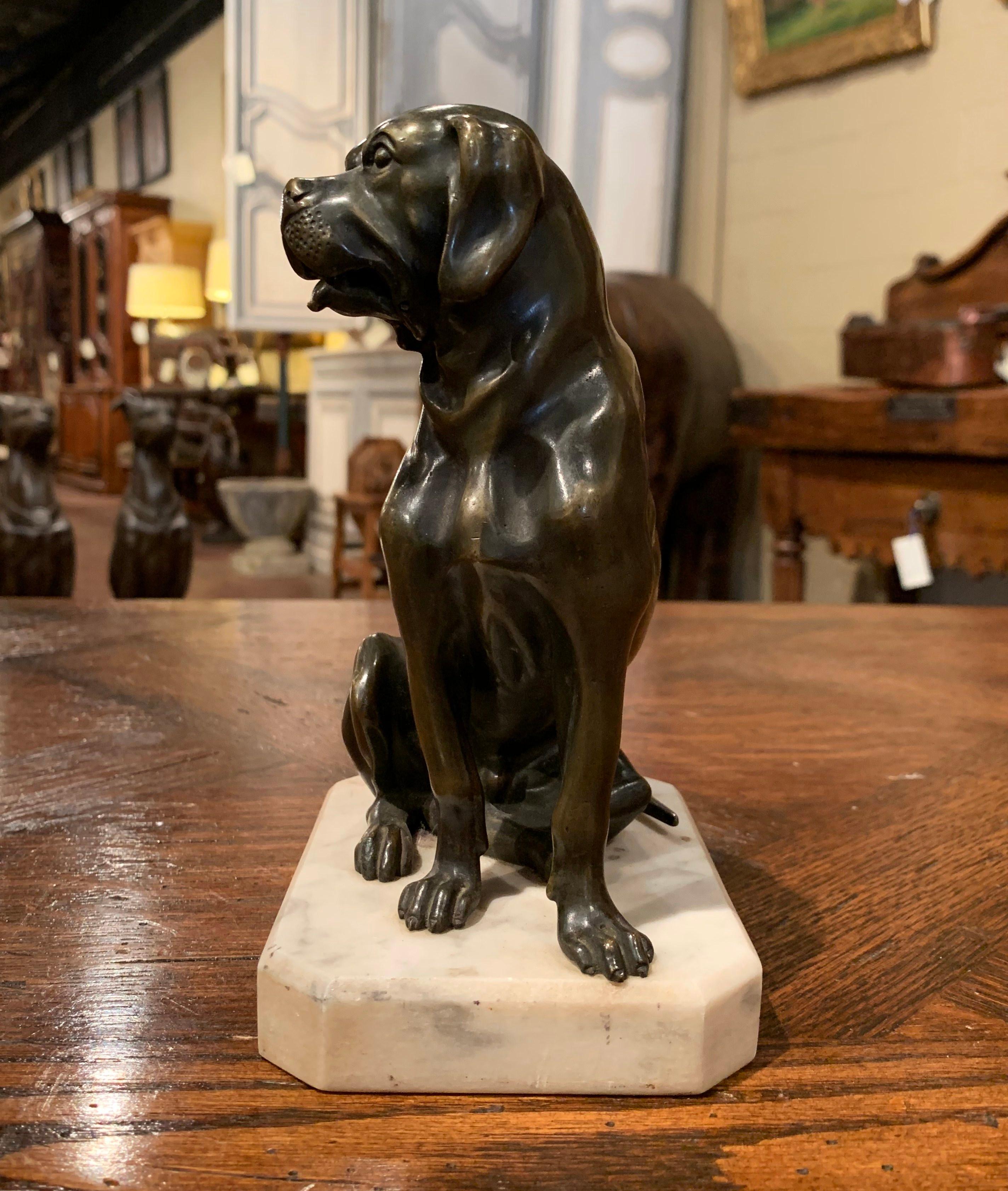 Hand-Crafted 19th Century French Patinated Bronze Dog Sculpture on Grey Marble Base For Sale