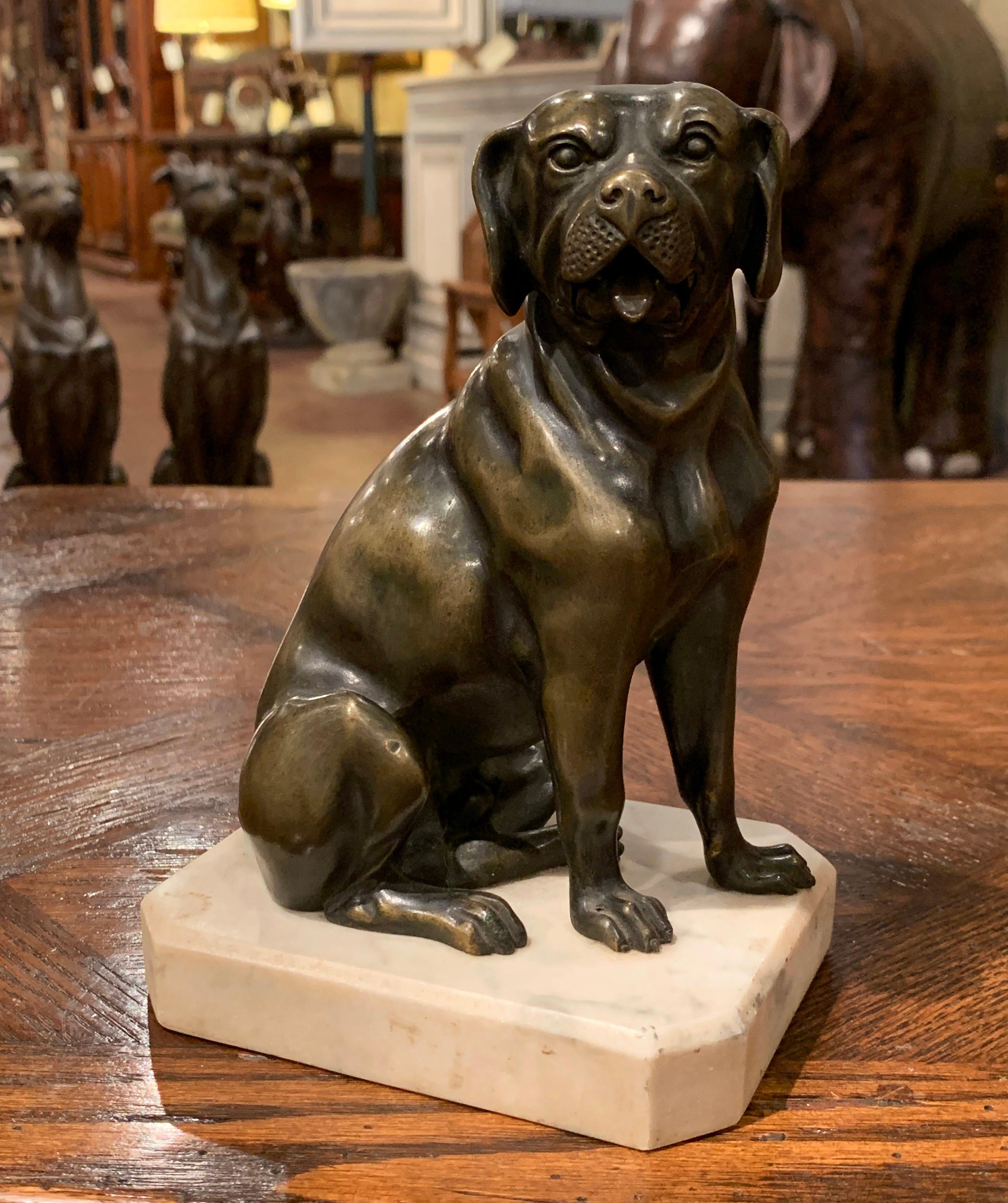 19th Century French Patinated Bronze Dog Sculpture on Grey Marble Base In Excellent Condition For Sale In Dallas, TX