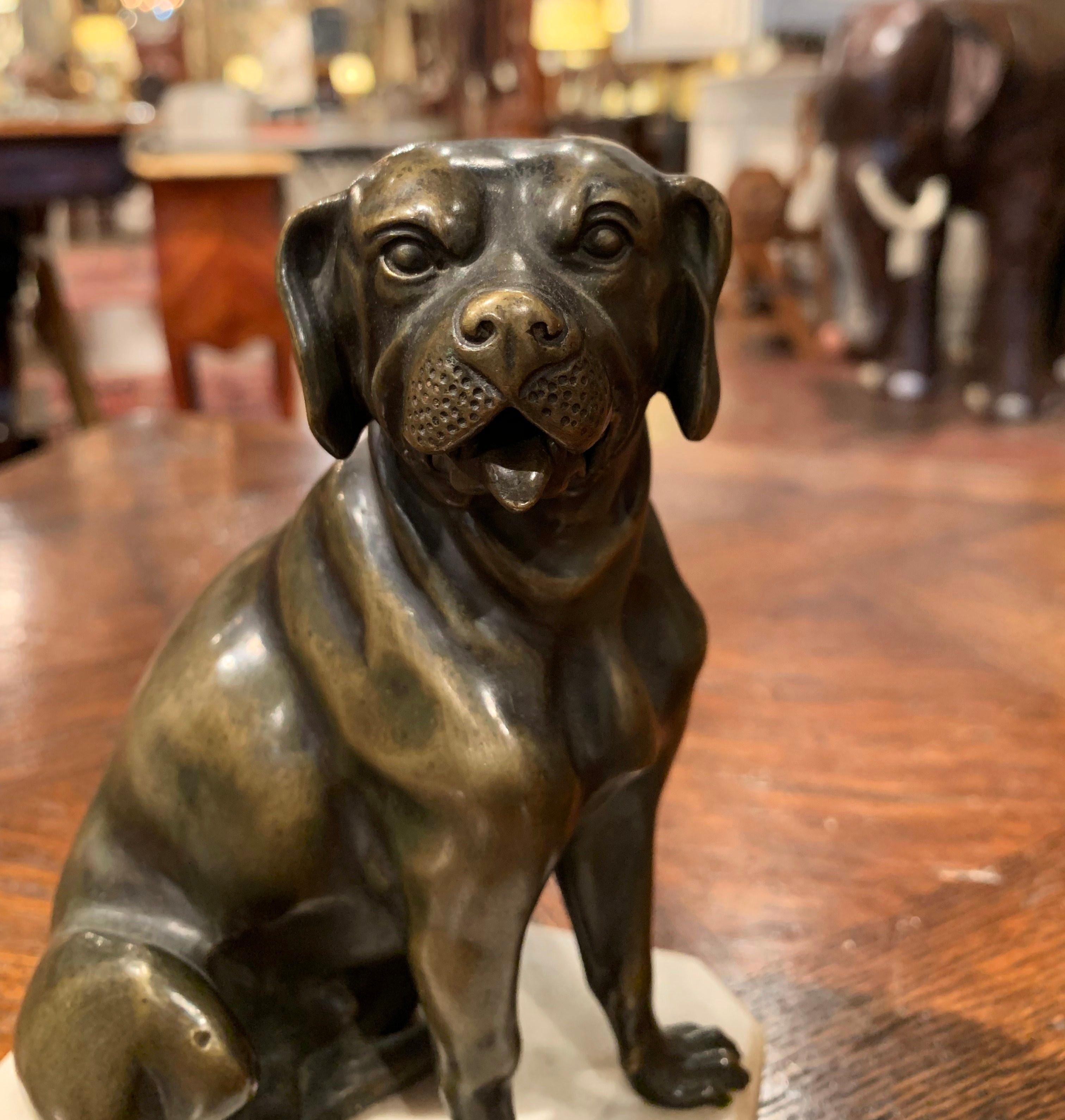 19th Century French Patinated Bronze Dog Sculpture on Grey Marble Base For Sale 1