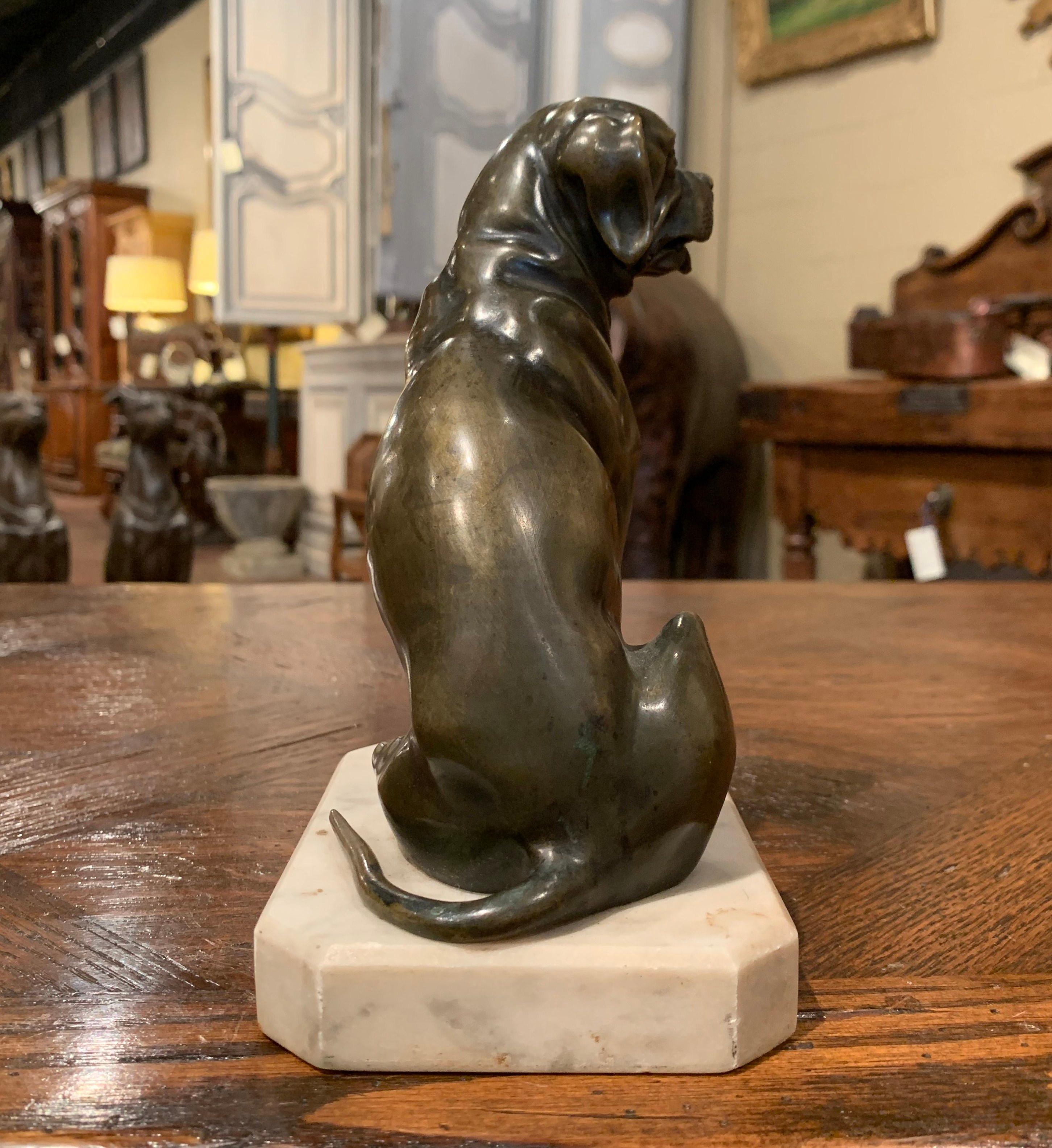 19th Century French Patinated Bronze Dog Sculpture on Grey Marble Base For Sale 3