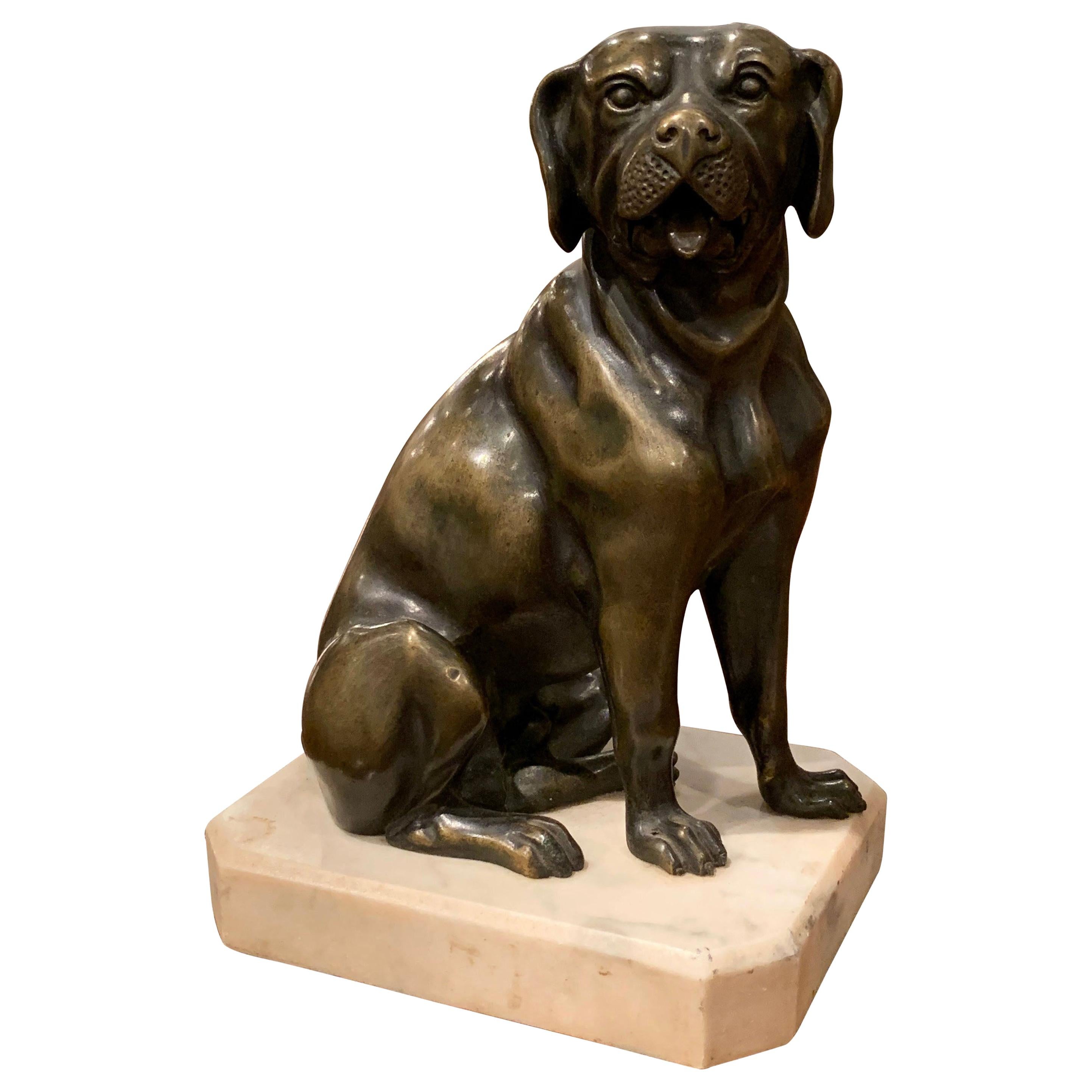 19th Century French Patinated Bronze Dog Sculpture on Grey Marble Base For Sale