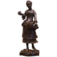 19th Century French Patinated Bronze Flower Girl Sculpture Signed Edouard Drouot