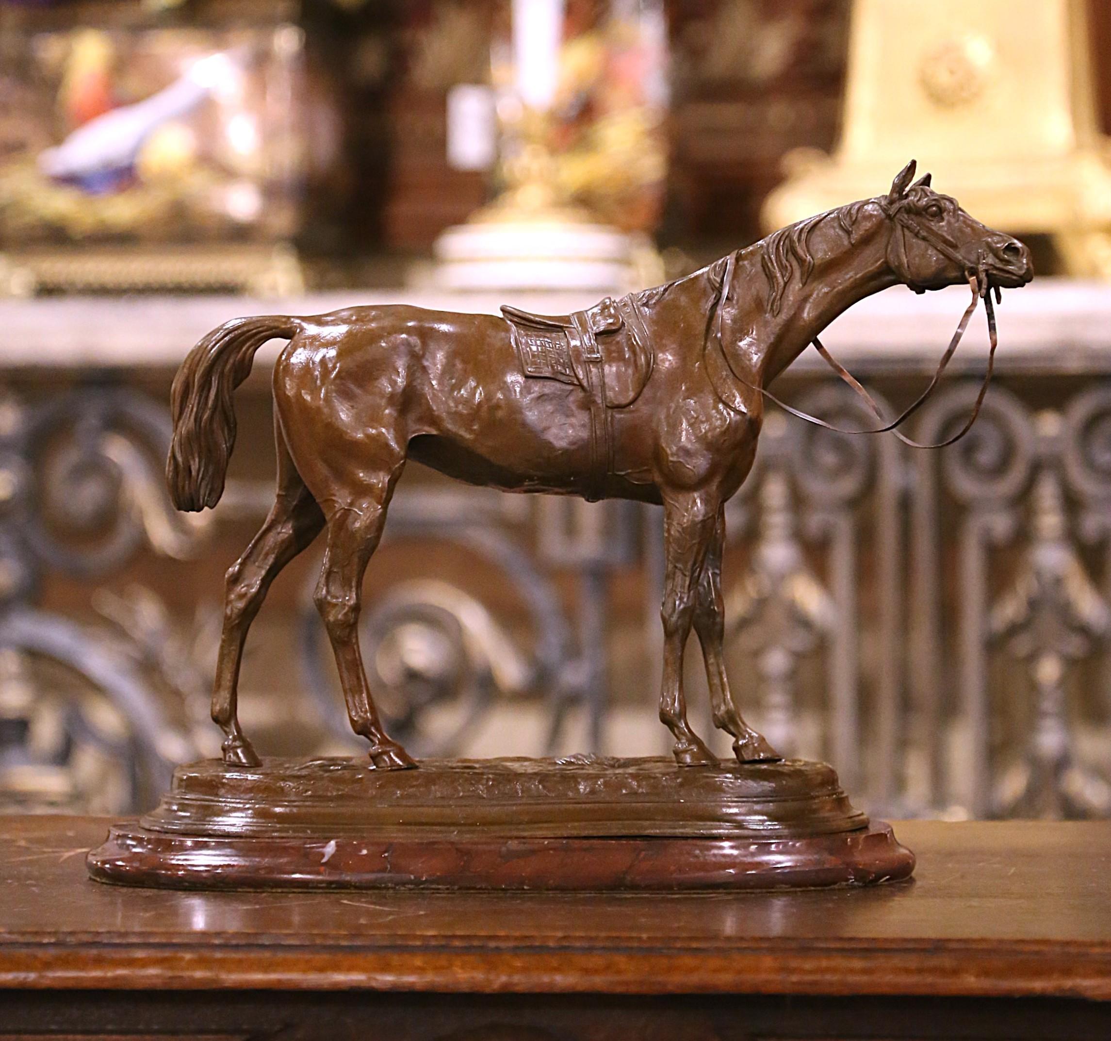 Caballo de Bronce Patinado Francés del Siglo XIX sobre Base de Mármol Firmado J. Moigniez en venta 1