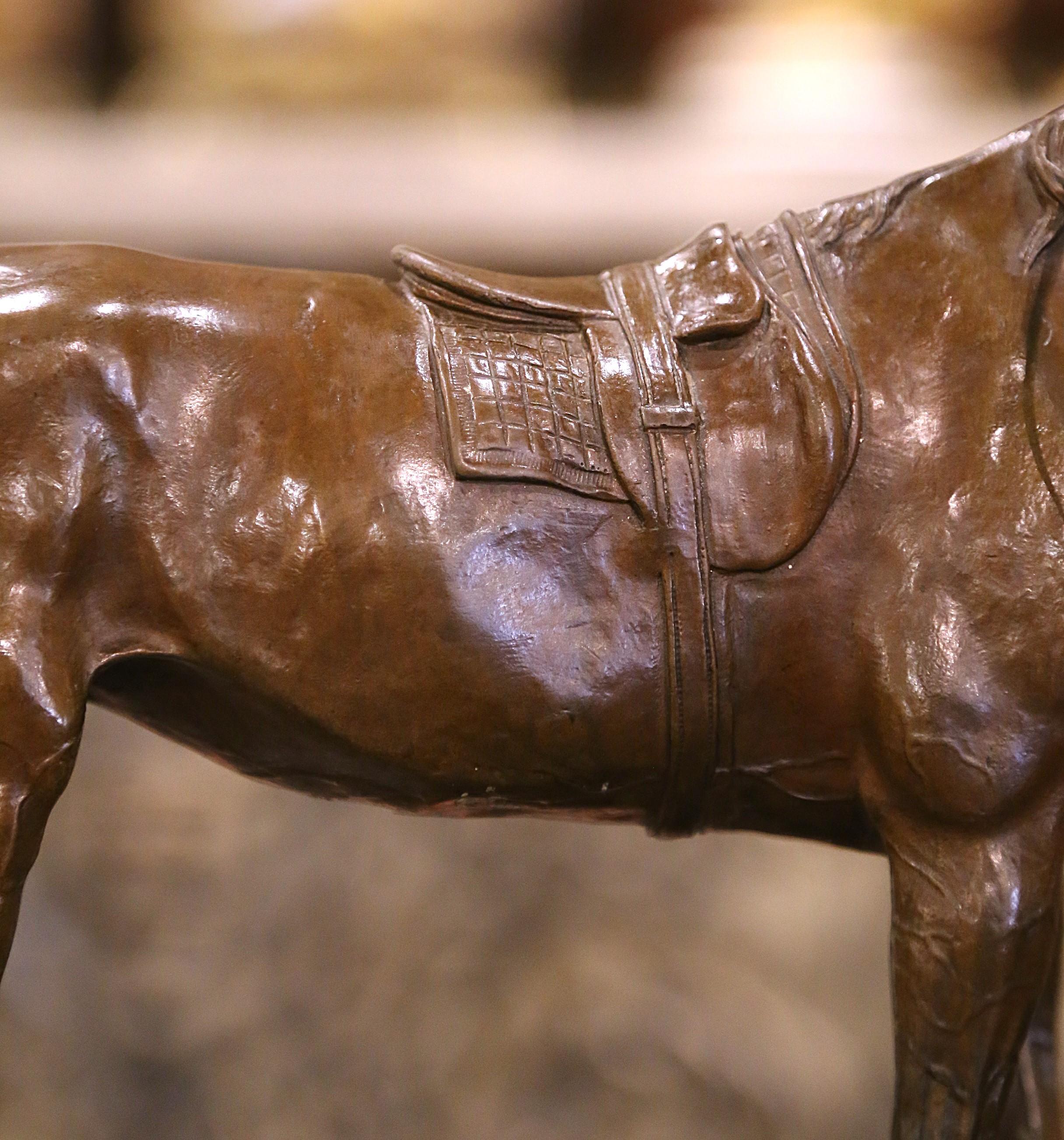 Caballo de Bronce Patinado Francés del Siglo XIX sobre Base de Mármol Firmado J. Moigniez en venta 2