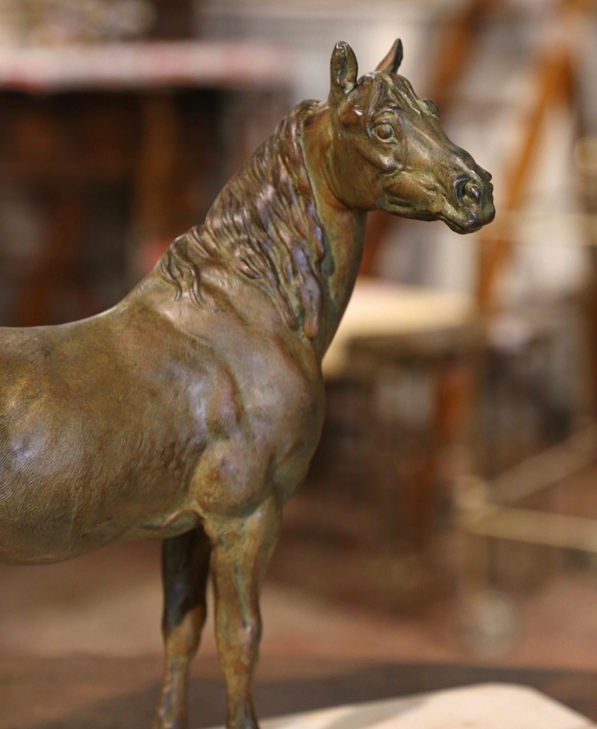 19th Century French Patinated Bronze Horse Sculpture on Marble Base After Mène  In Excellent Condition In Dallas, TX