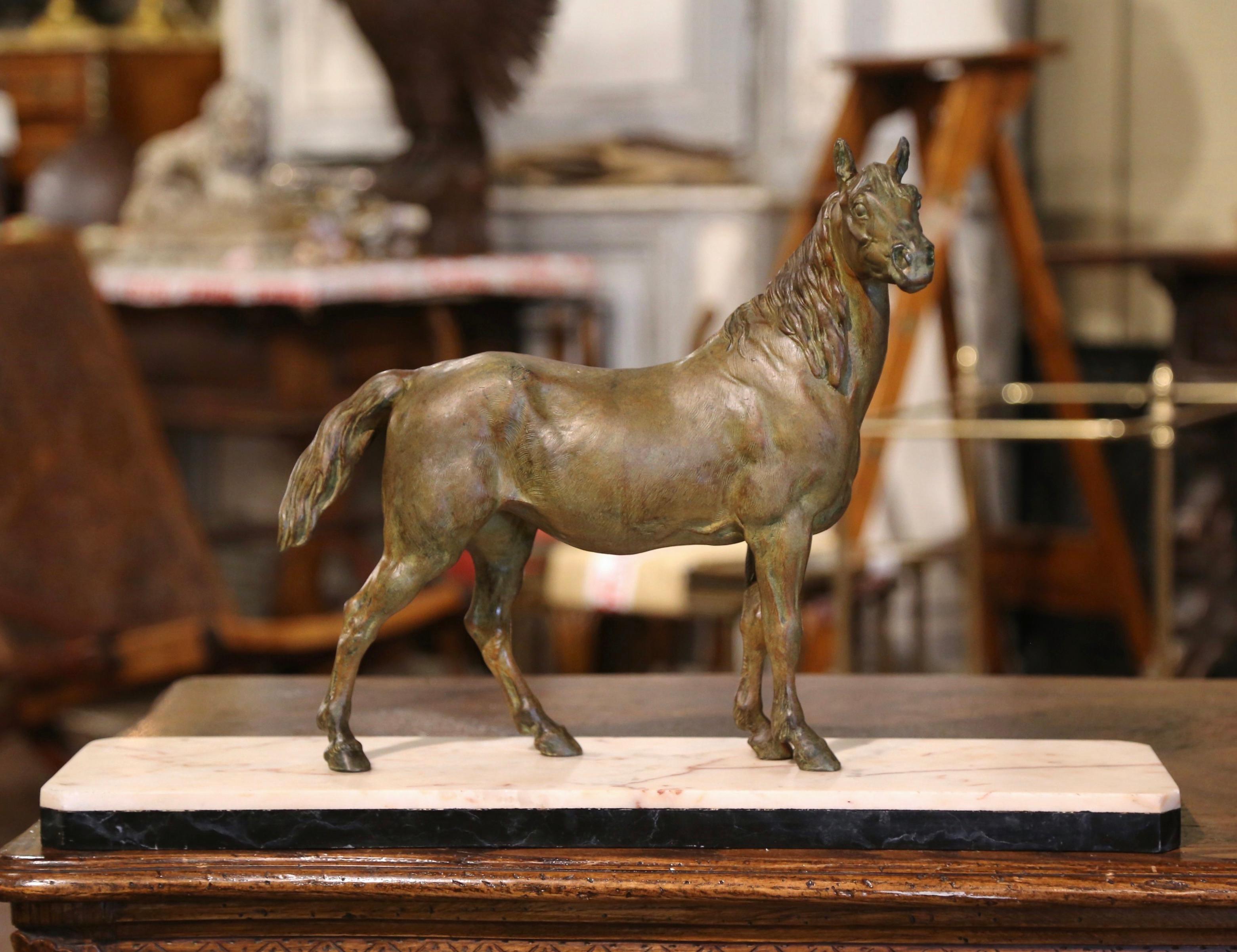 19th Century French Patinated Bronze Horse Sculpture on Marble Base After Mène  1