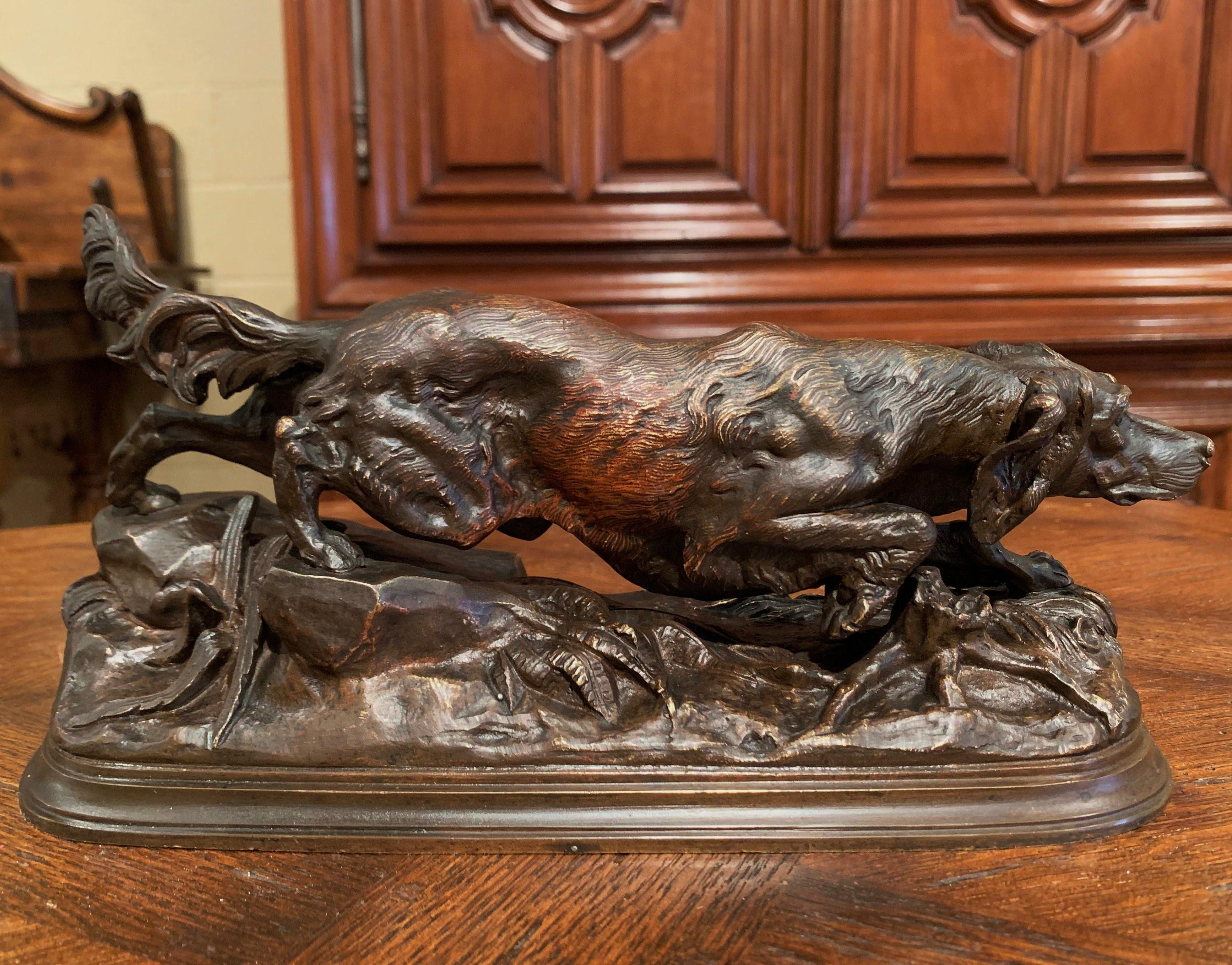 Hand-Crafted 19th Century French Patinated Bronze Hunt Dog Sculpture on Base