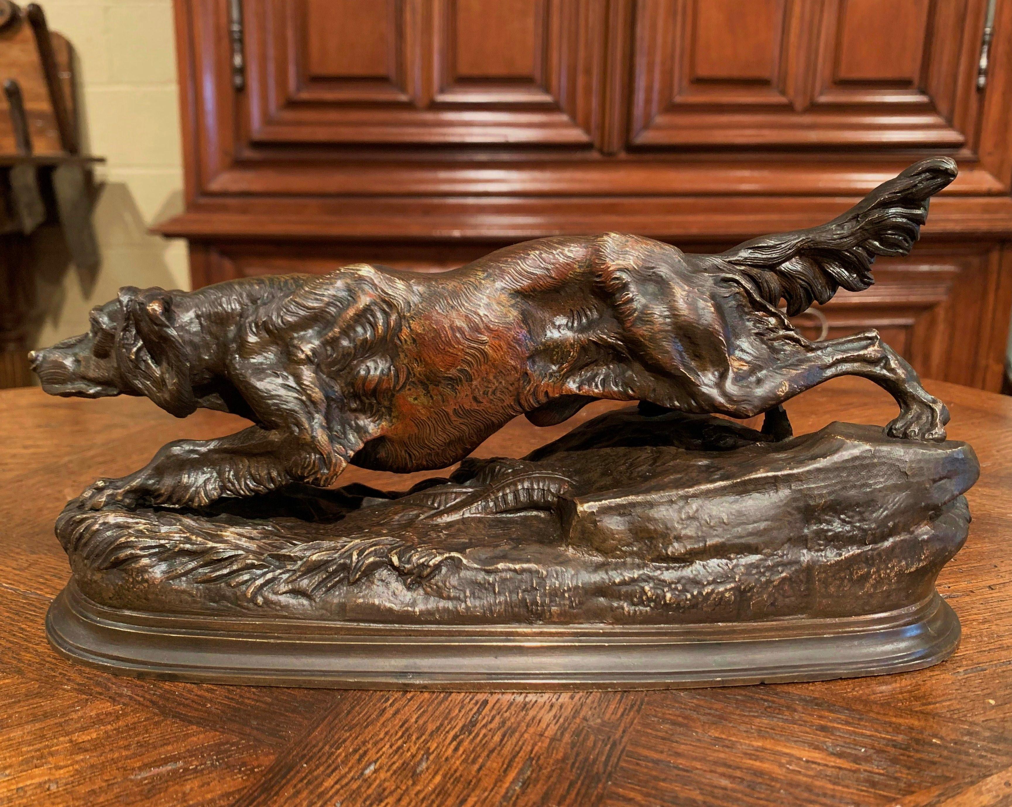 19th Century French Patinated Bronze Hunt Dog Sculpture on Base 1