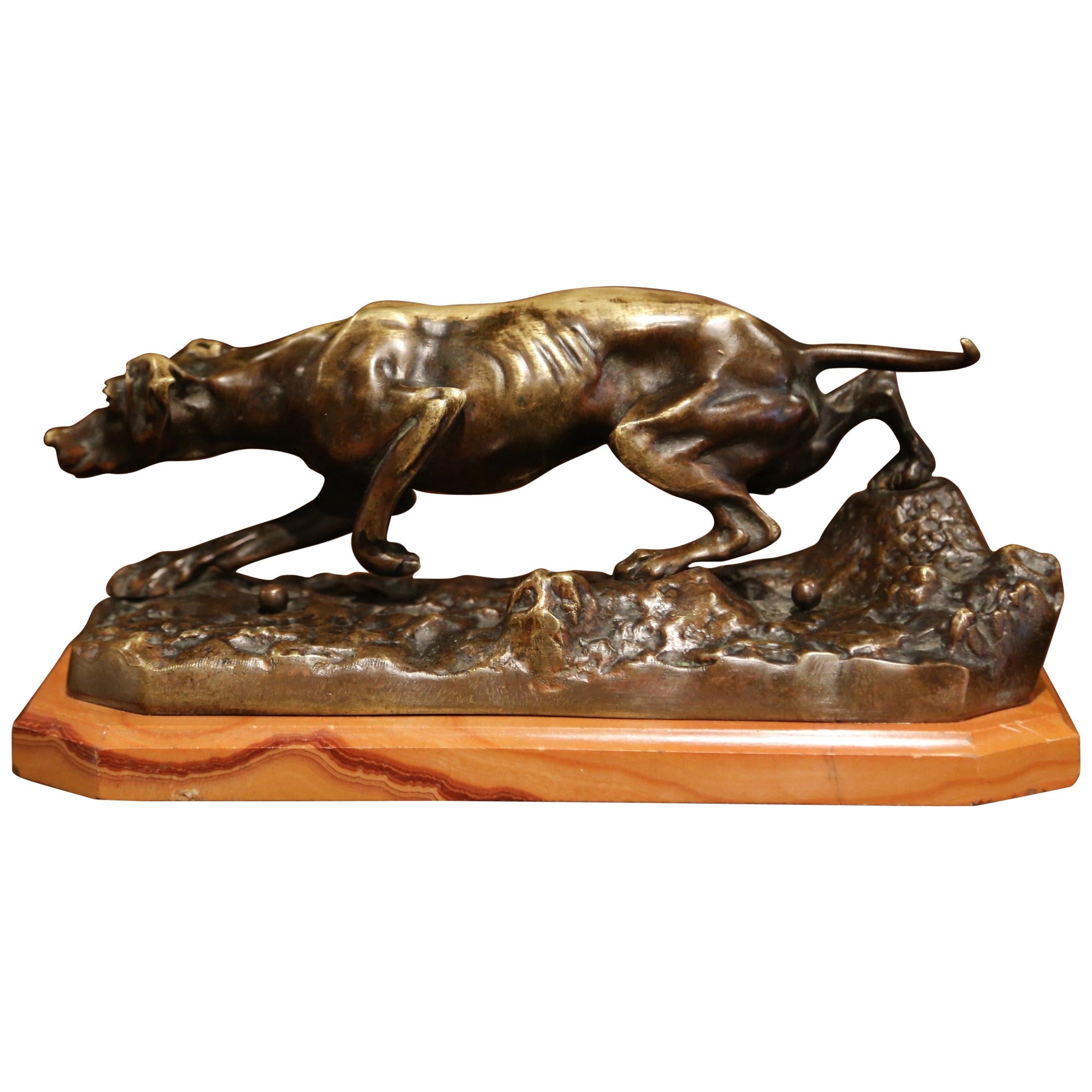 19th Century French Patinated Bronze Hunt Dog Sculpture on Beige Marble Base
