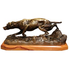 19th Century French Patinated Bronze Hunt Dog Sculpture on Beige Marble Base