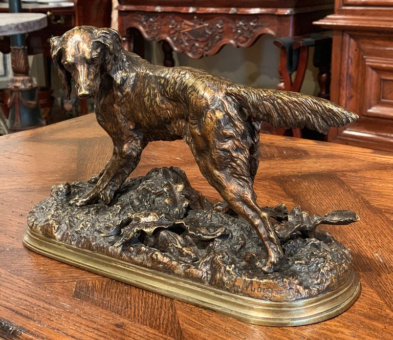 19th Century French Patinated Bronze Hunt Dog Sculpture Signed J