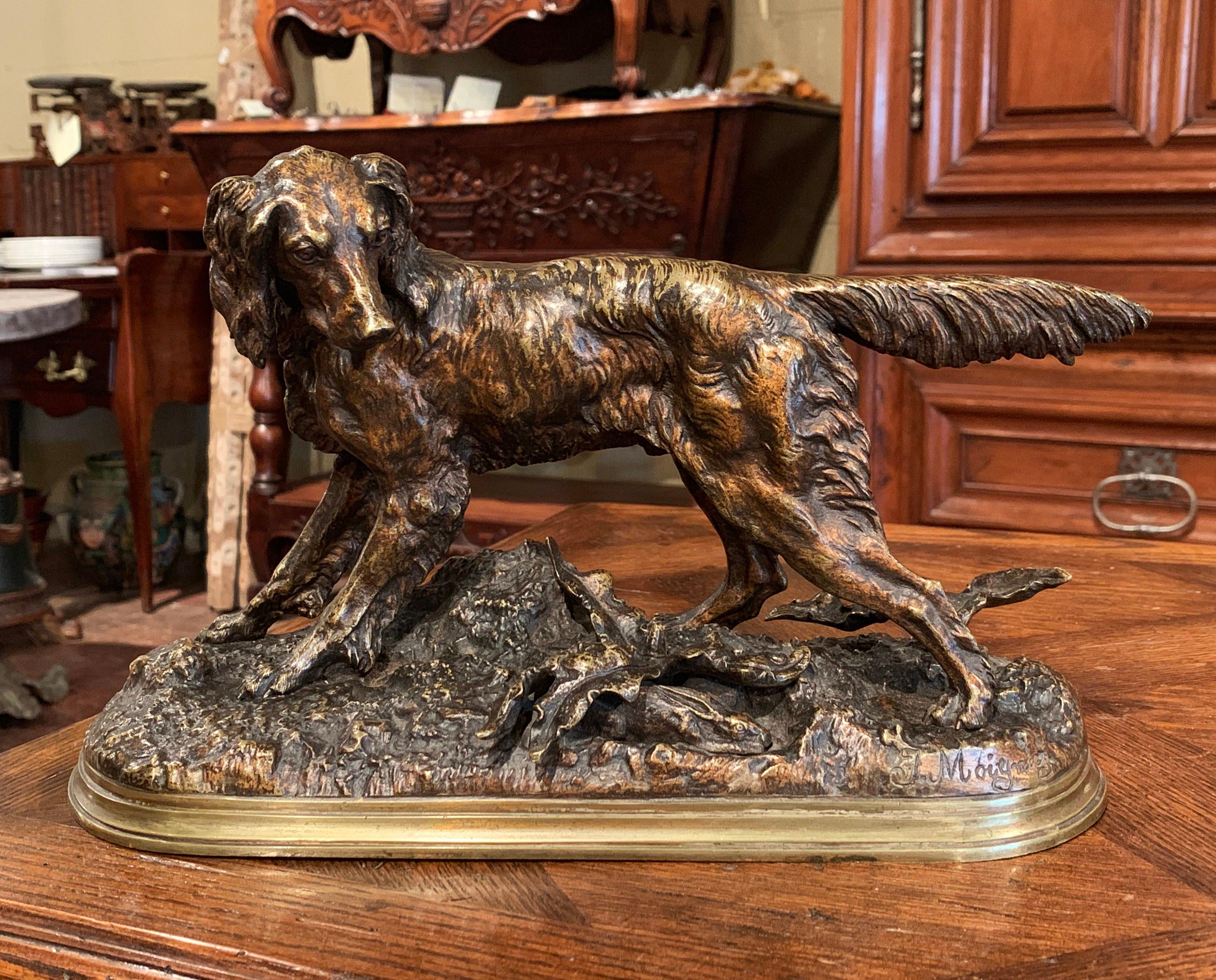 19th Century French Patinated Bronze Hunt Dog Sculpture Signed J. Moiniez In Excellent Condition In Dallas, TX