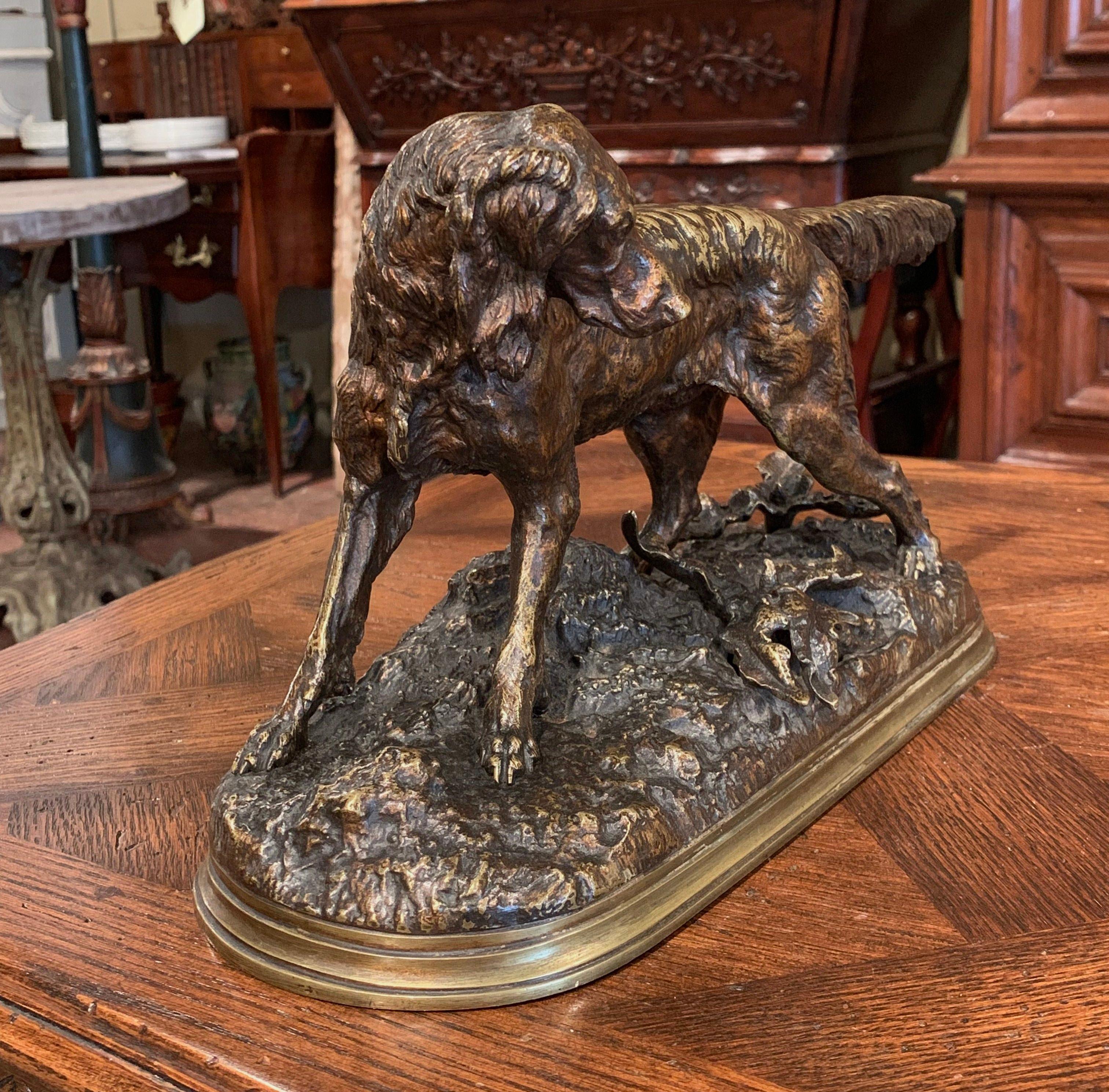 19th Century French Patinated Bronze Hunt Dog Sculpture Signed J. Moiniez 1