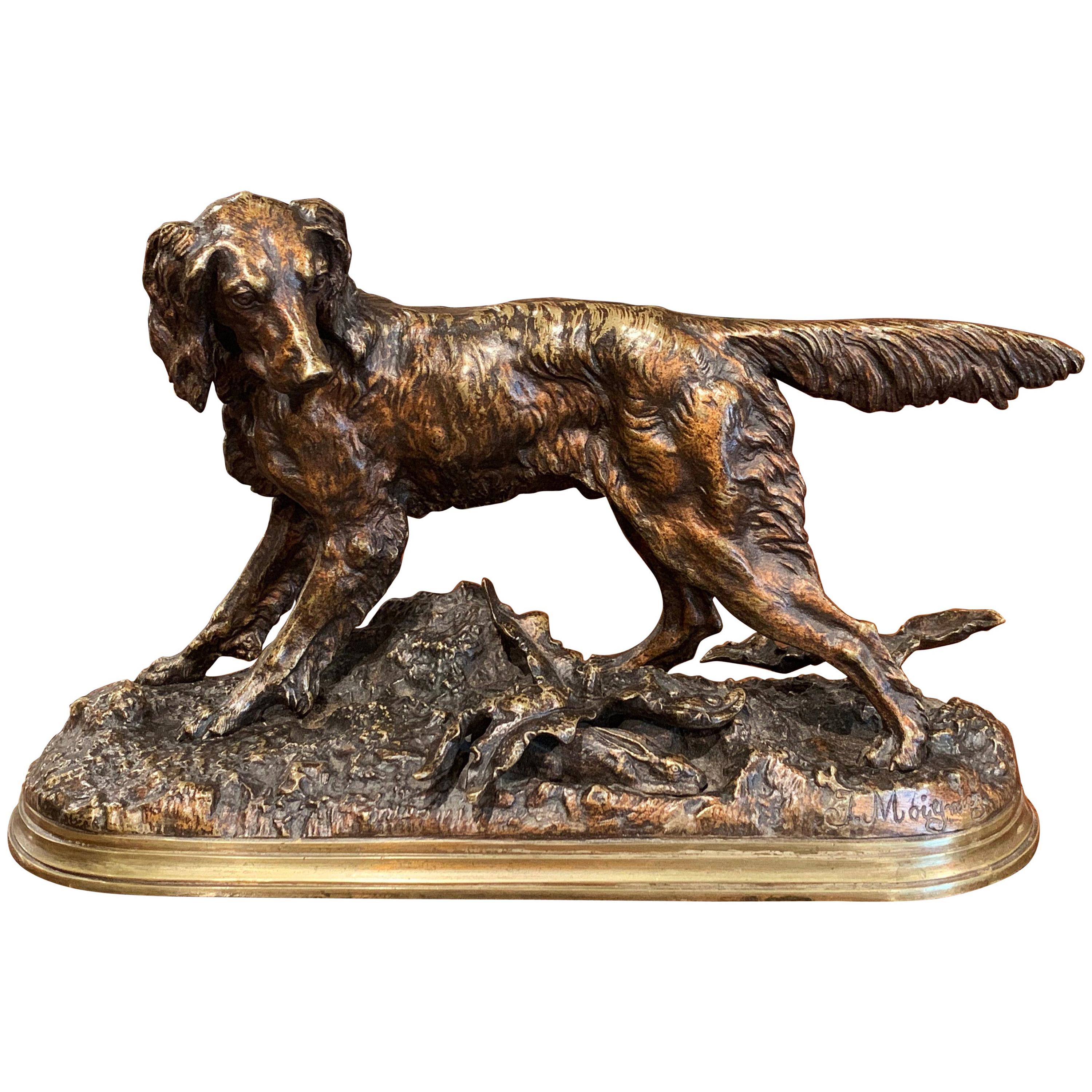 19th Century French Patinated Bronze Hunt Dog Sculpture Signed J. Moiniez