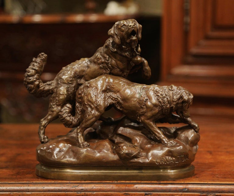 19th Century French Patinated Bronze Hunt Dogs Sculpture Signed Charles Valton For Sale 1