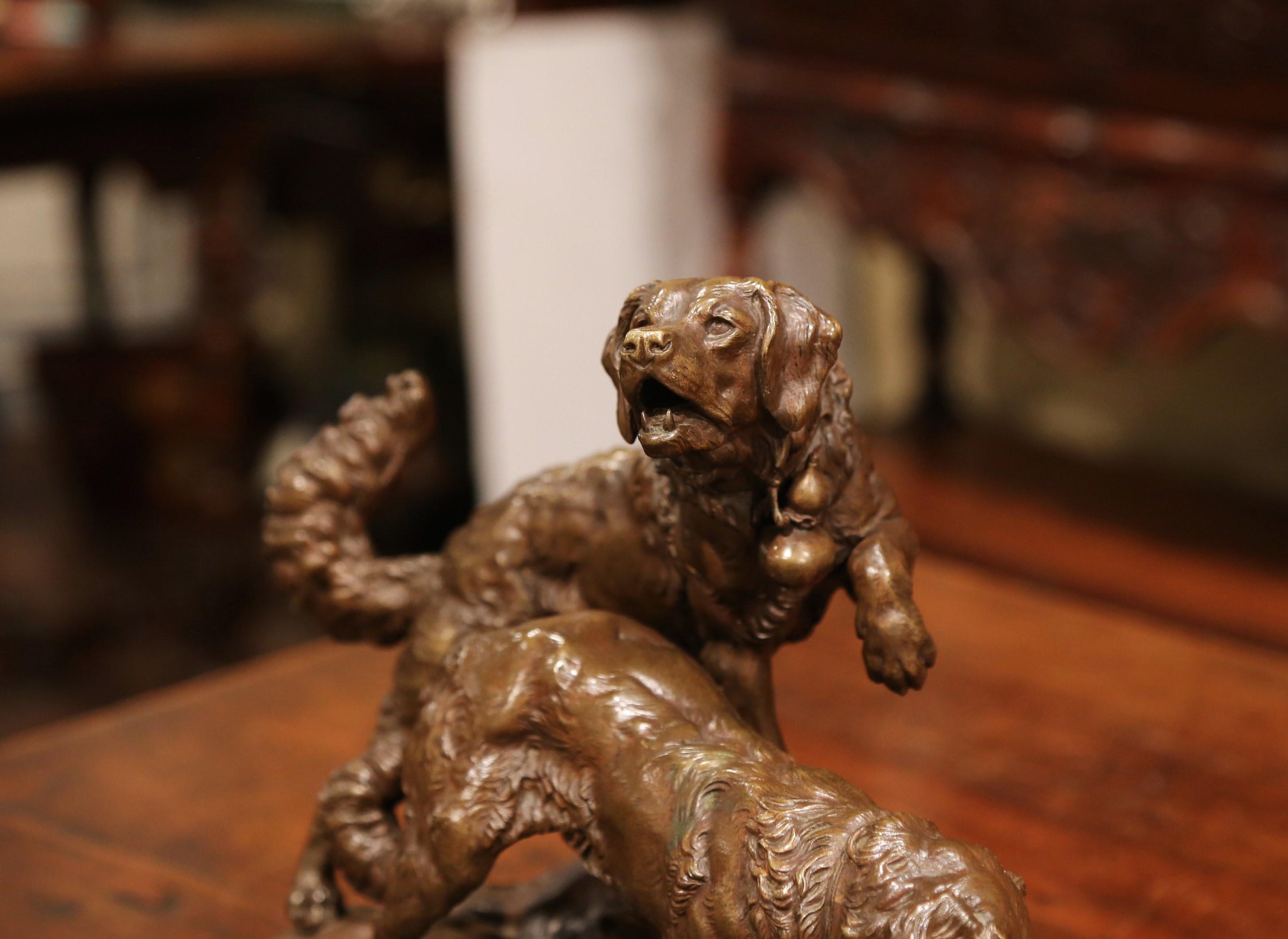 19th Century French Patinated Bronze Hunt Dogs Sculpture Signed Charles Valton For Sale 1