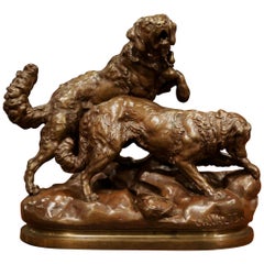 Scultura di cani da caccia in bronzo patinato francese del XIX secolo firmata Charles Valton