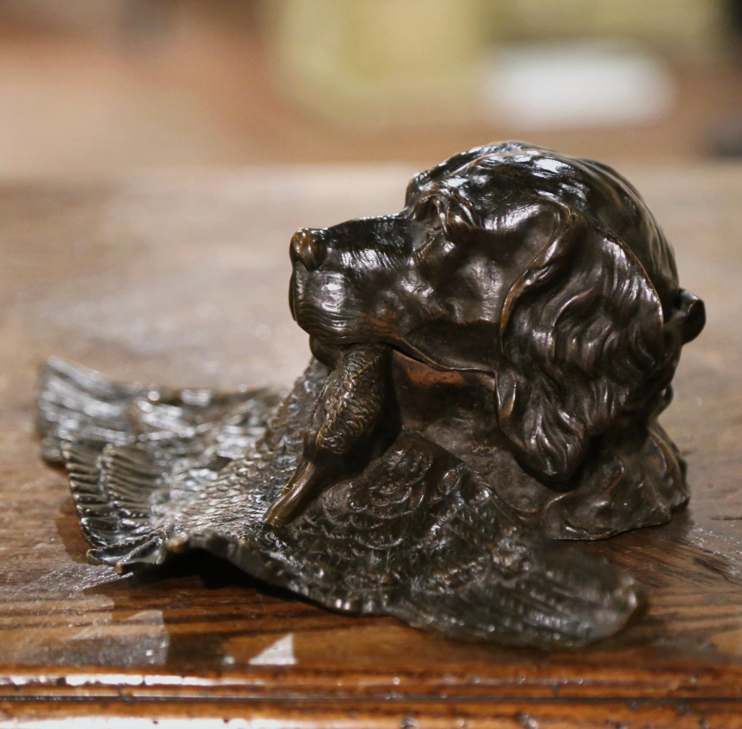 19th Century, French, Patinated Bronze Hunting Dog and Duck Inkwell In Excellent Condition For Sale In Dallas, TX