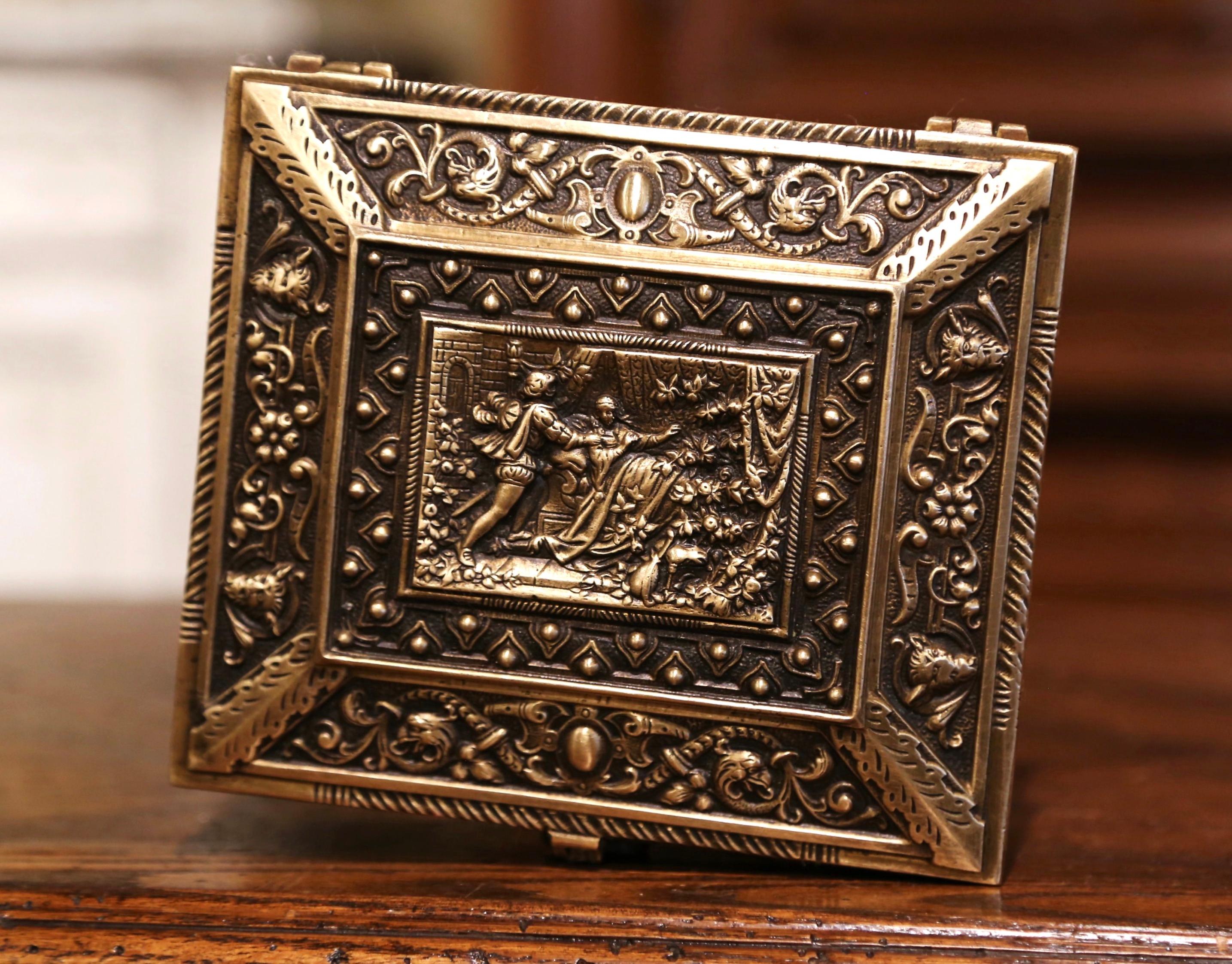 Hand-Crafted 19th Century French Patinated Bronze Jewelry Box with Mythology Decor