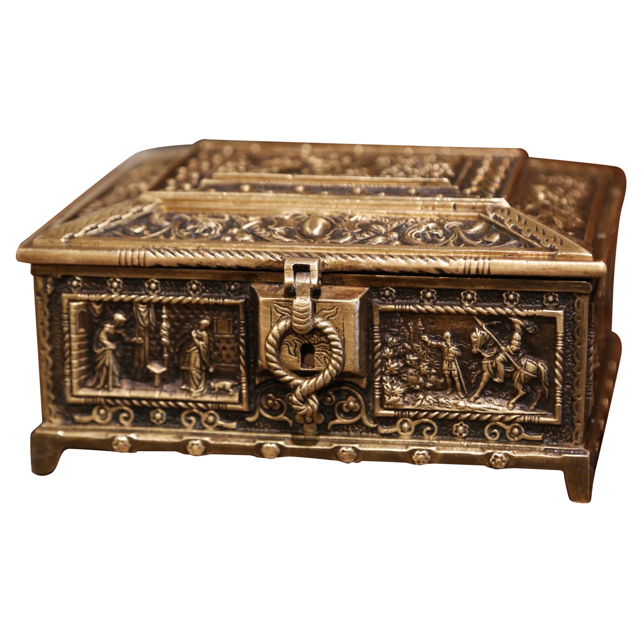 19th Century French Patinated Bronze Jewelry Box with Mythology Decor