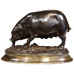 19th Century French Patinated Bronze Pig Sculpture Signed E. Delabrierre
