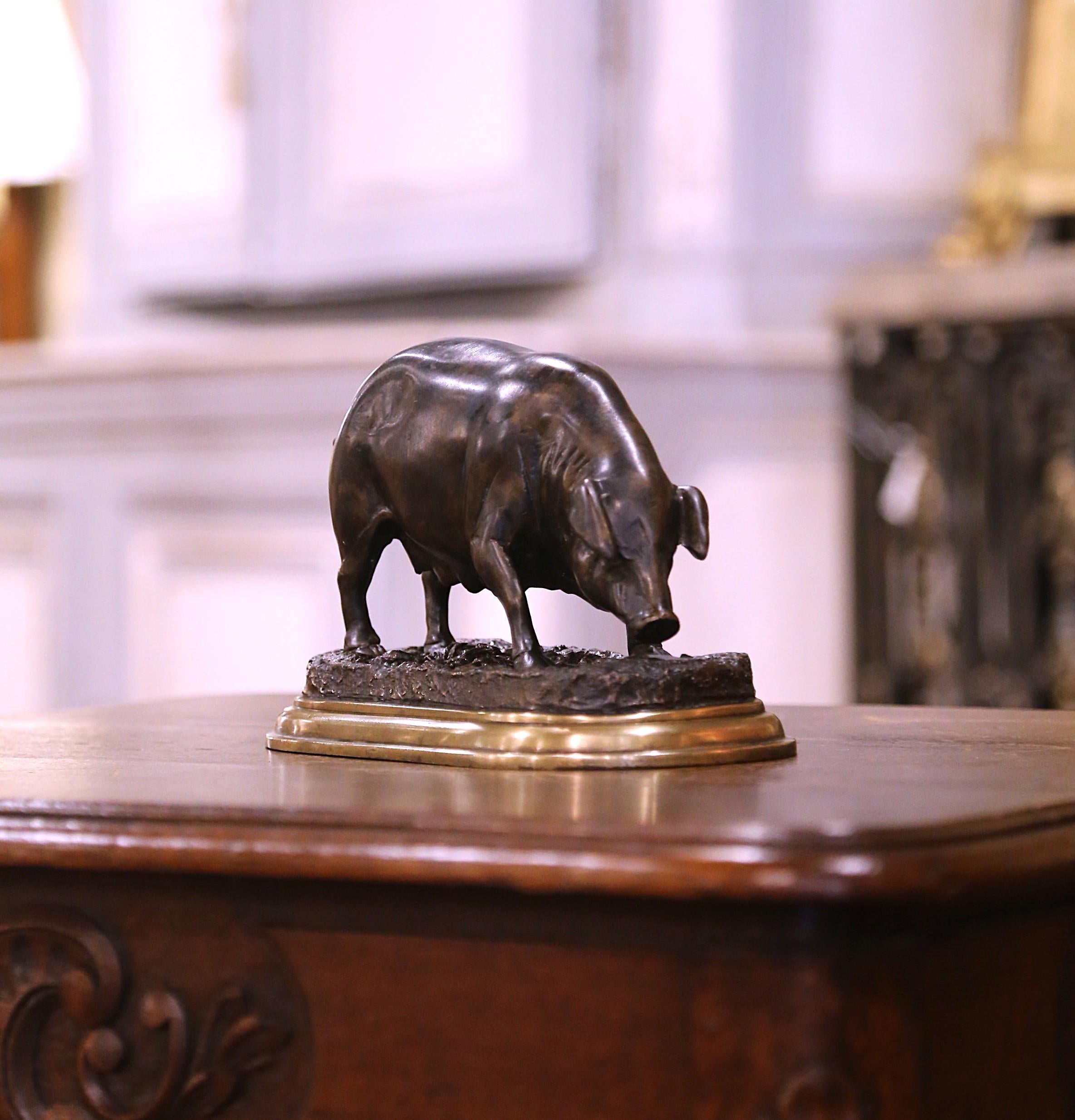 Decora una mensola o una scrivania con questa raffinata scultura in bronzo antico. Creato in Francia intorno al 1880 e realizzato in bronzo, l'animale da fattoria poggia su una base piatta in ottone e raffigura una scrofa che annusa i tartufi sul