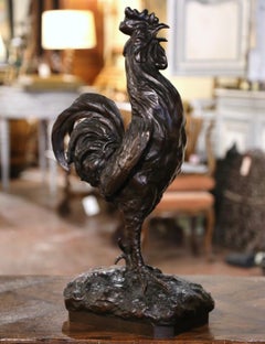 19th Century French Patinated Bronze Rooster Sculpture Signed J. Rabiant