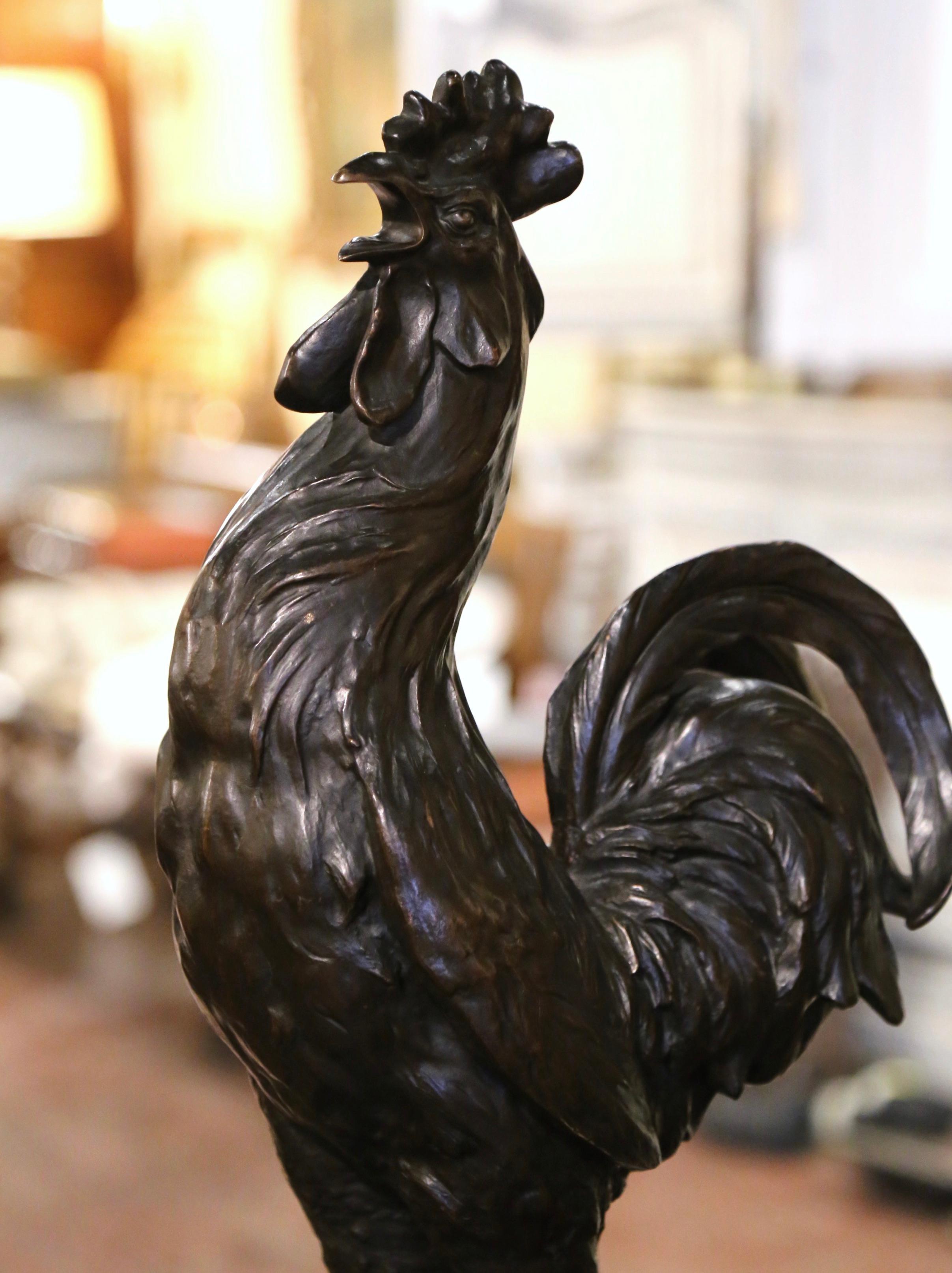 Hand-Crafted 19th Century French Patinated Bronze Rooster Sculpture Signed J. Rabiant
