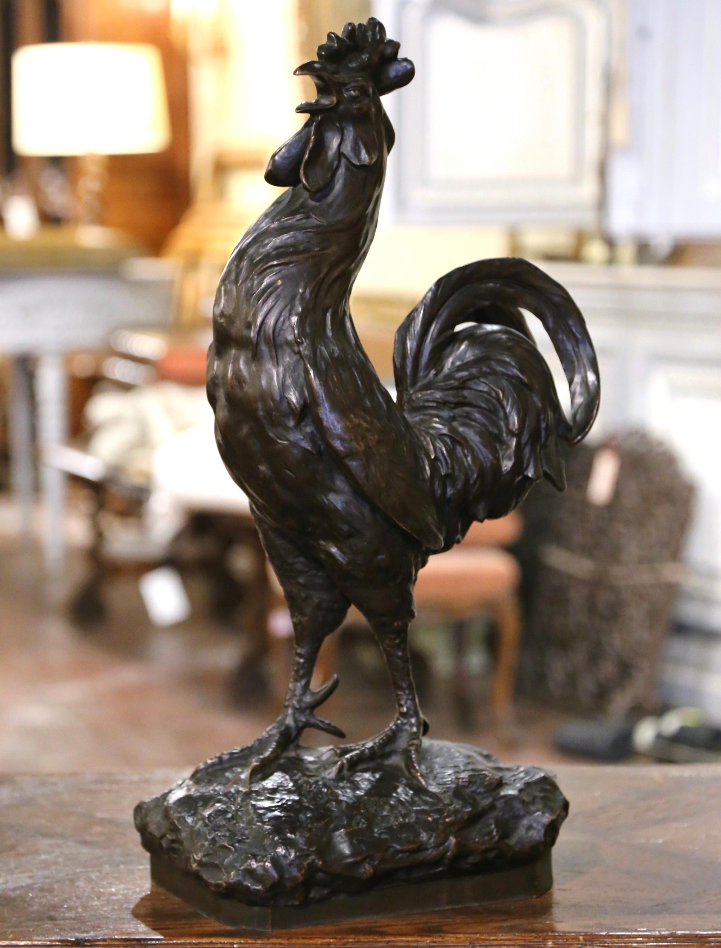 19th Century French Patinated Bronze Rooster Sculpture Signed J. Rabiant 1