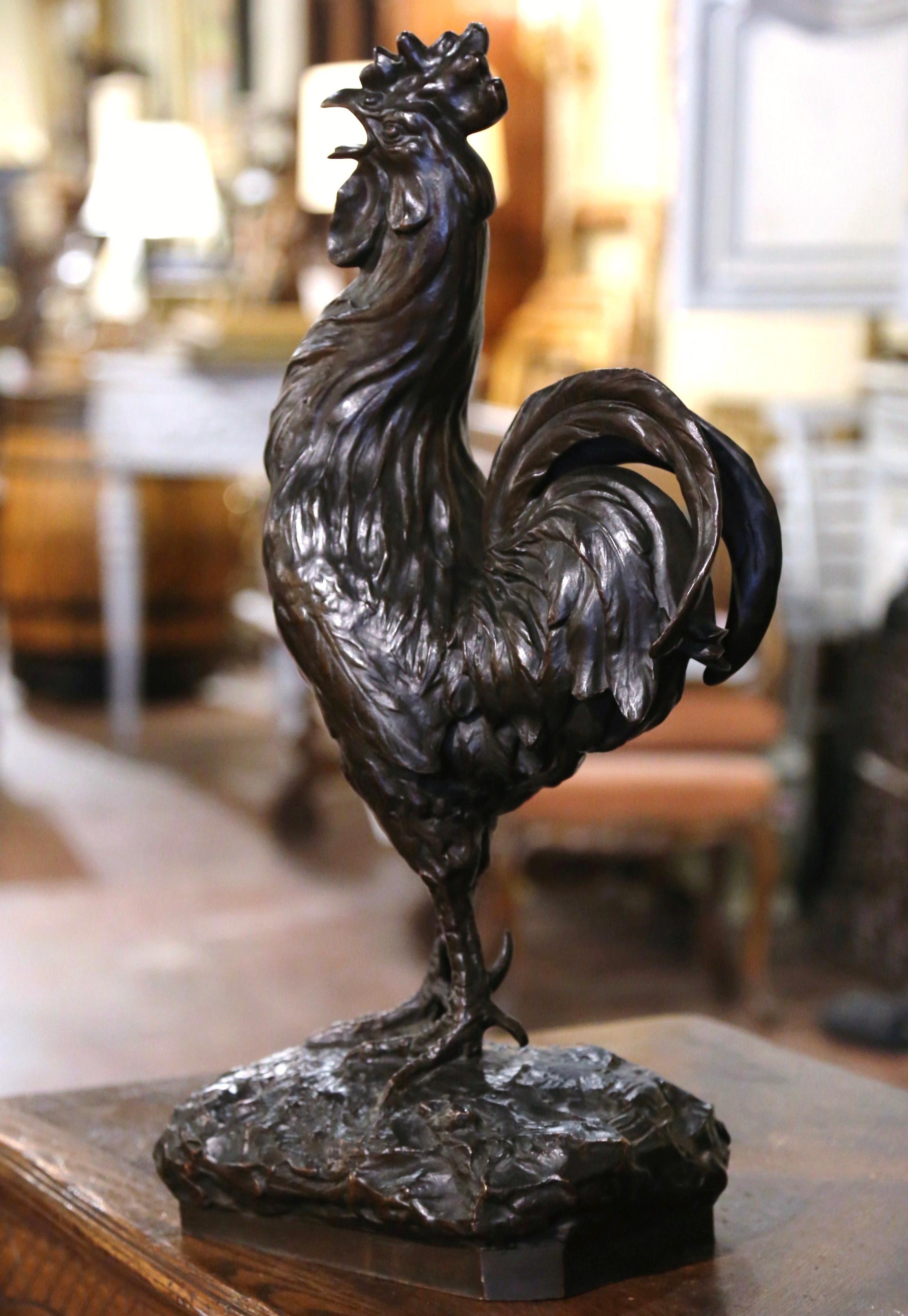 19th Century French Patinated Bronze Rooster Sculpture Signed J. Rabiant 3