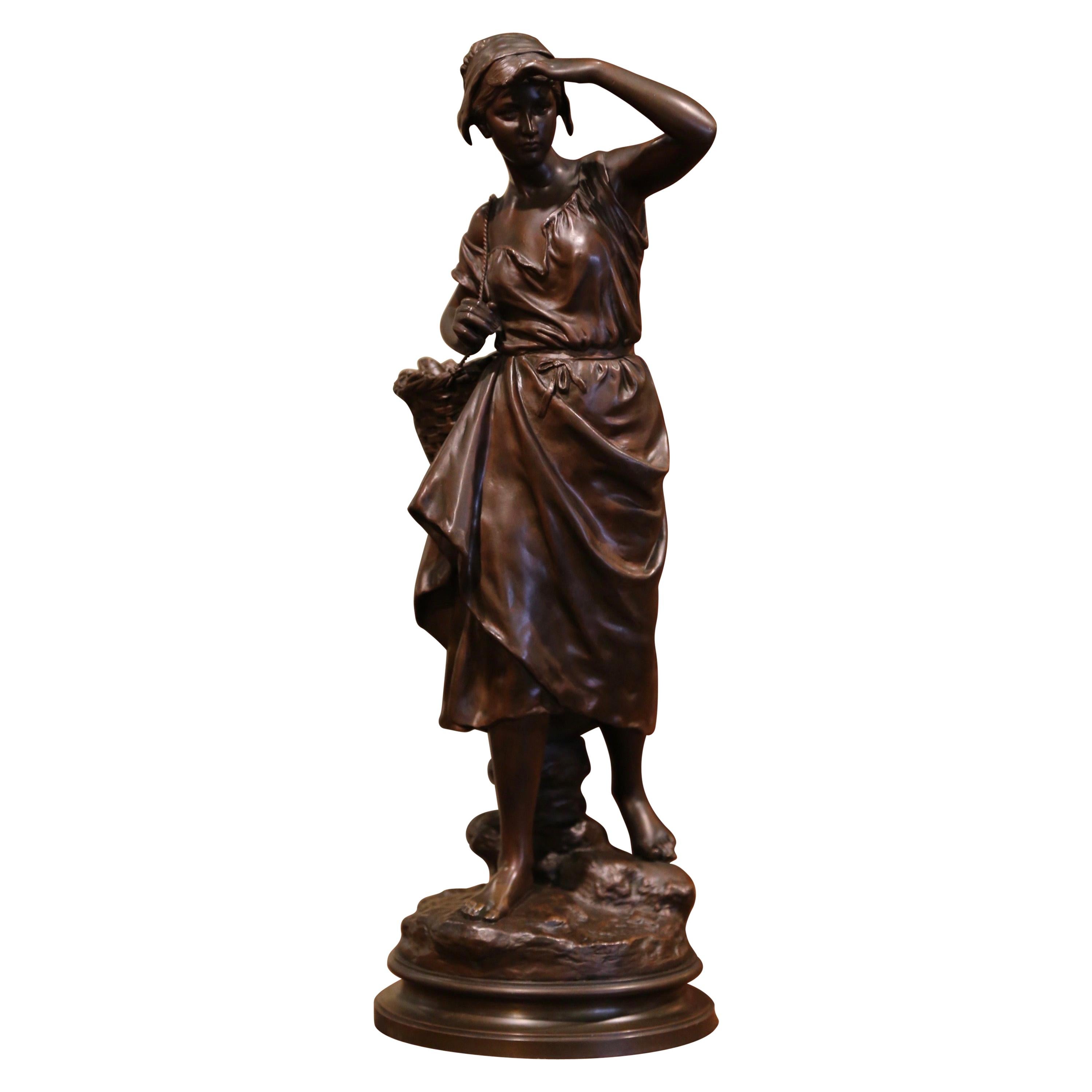 19th Century French Patinated Bronze Sculpture "La Pecheuse" Signed E. Laurent