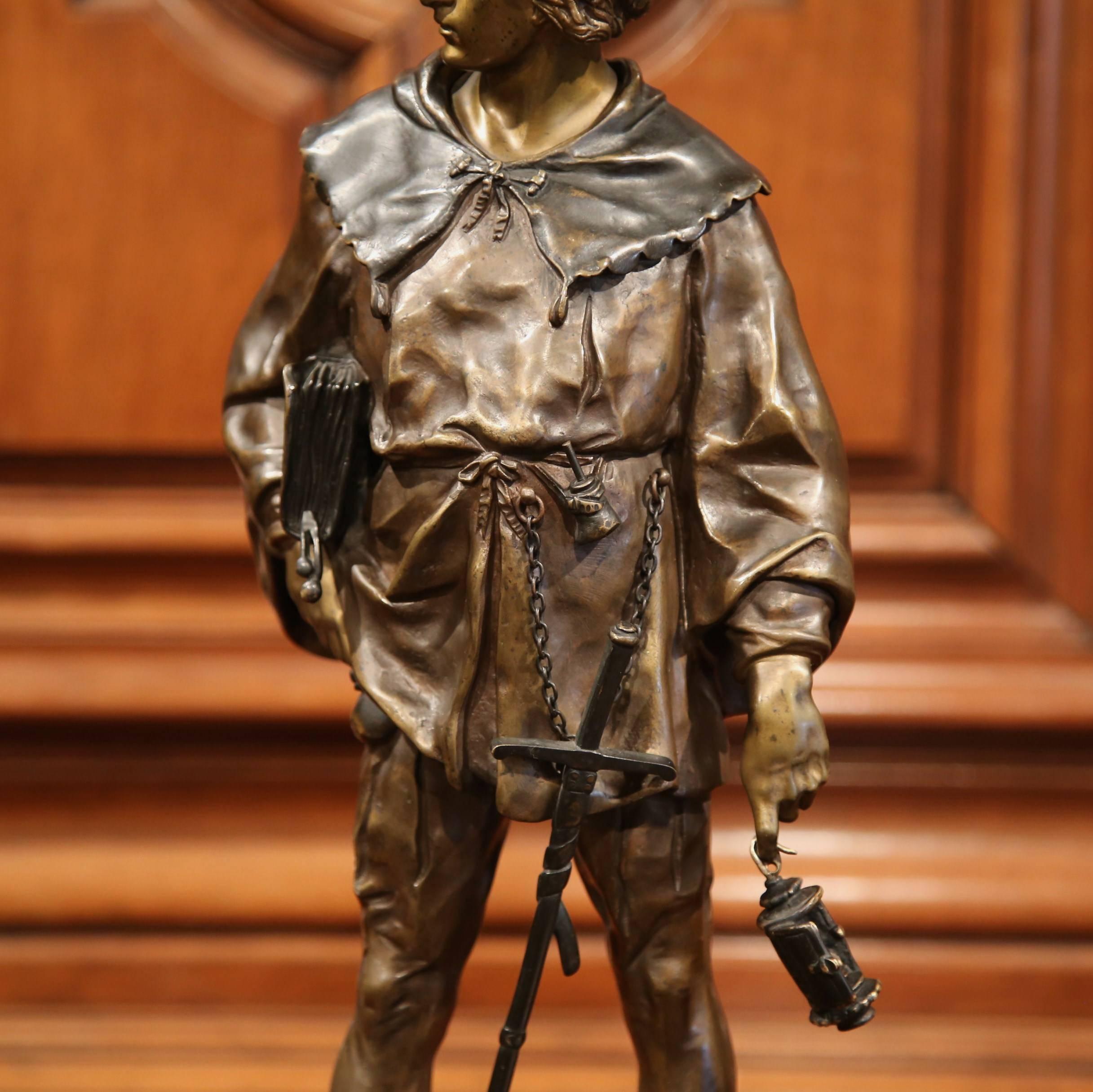 This beautiful antique bronze figure, was created in France, circa 1880. The realistic sculpture, titled on the front: 