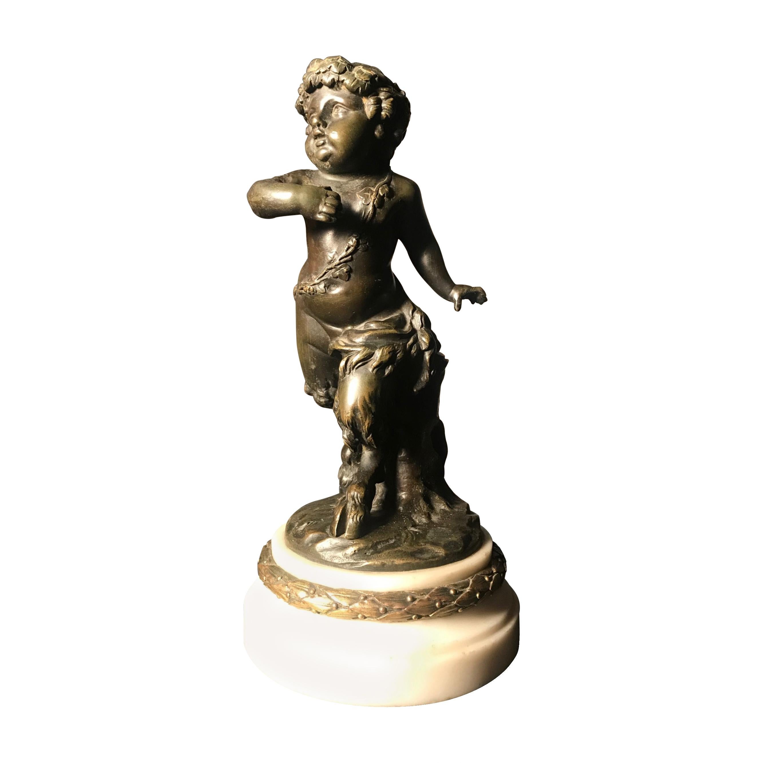 sculpture française du 19ème siècle en bronze patiné représentant un enfant faune satyre d'après Clodion