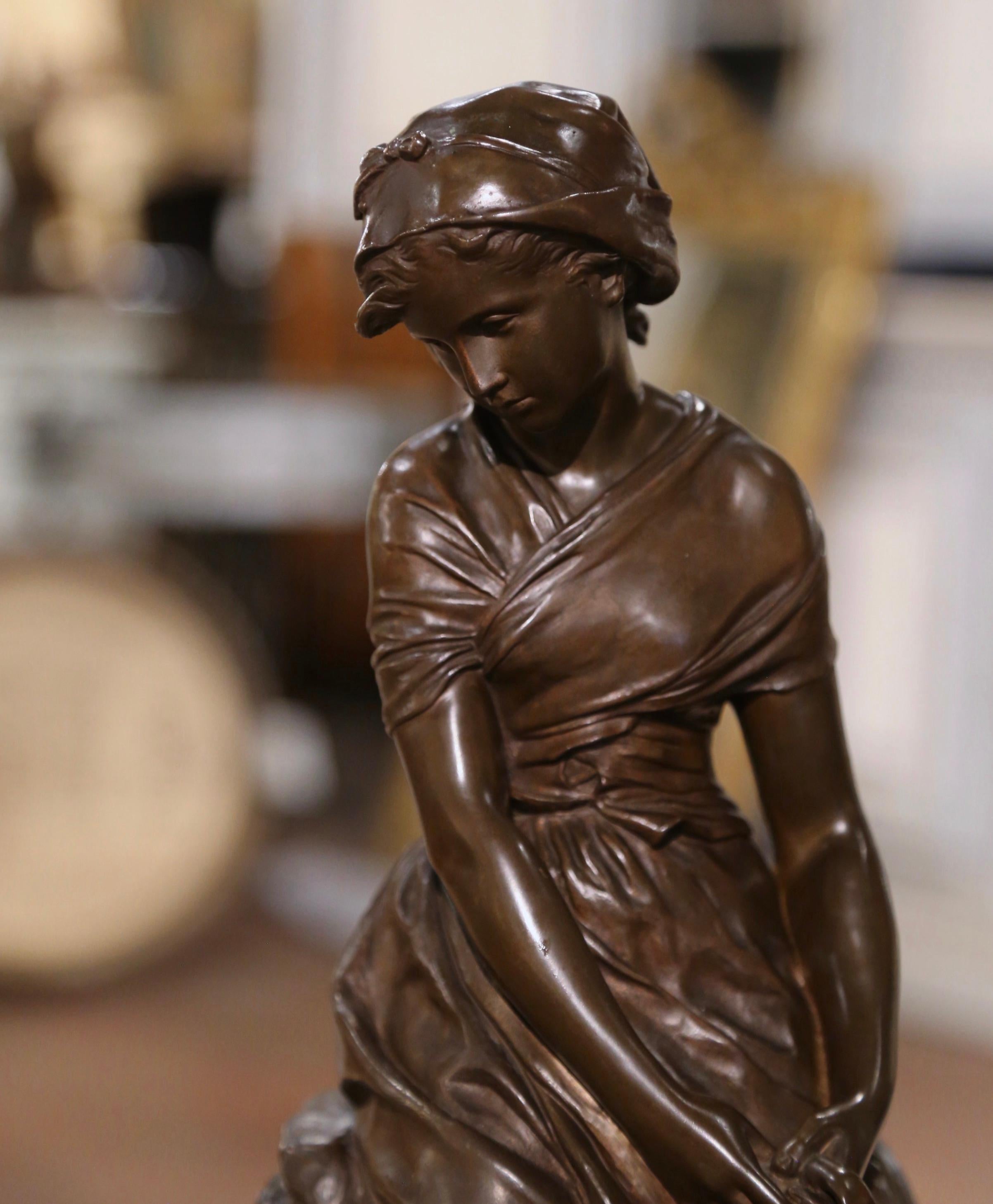  Decorate a lady's office or a library shelf with this fine antiquity. Crafted in France circa 1880, this elegant bronze sculpture titled “La Cruche Cassée” (The Broken Pitcher), features a young beauty sited on a trunk form bench, and looking down