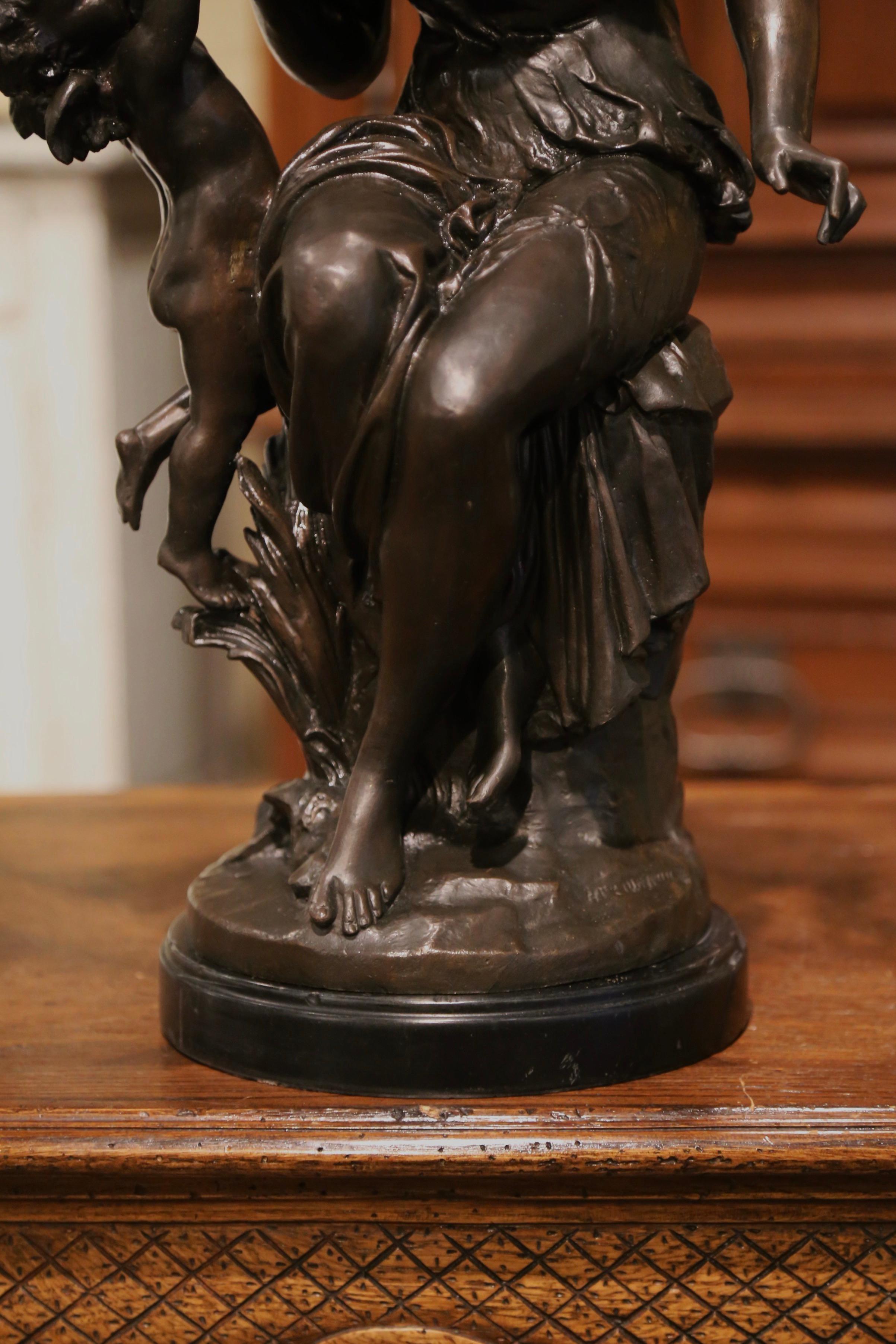 19th Century French Patinated Bronze Woman and Cherub Sculpture Signed M. Moreau In Excellent Condition In Dallas, TX