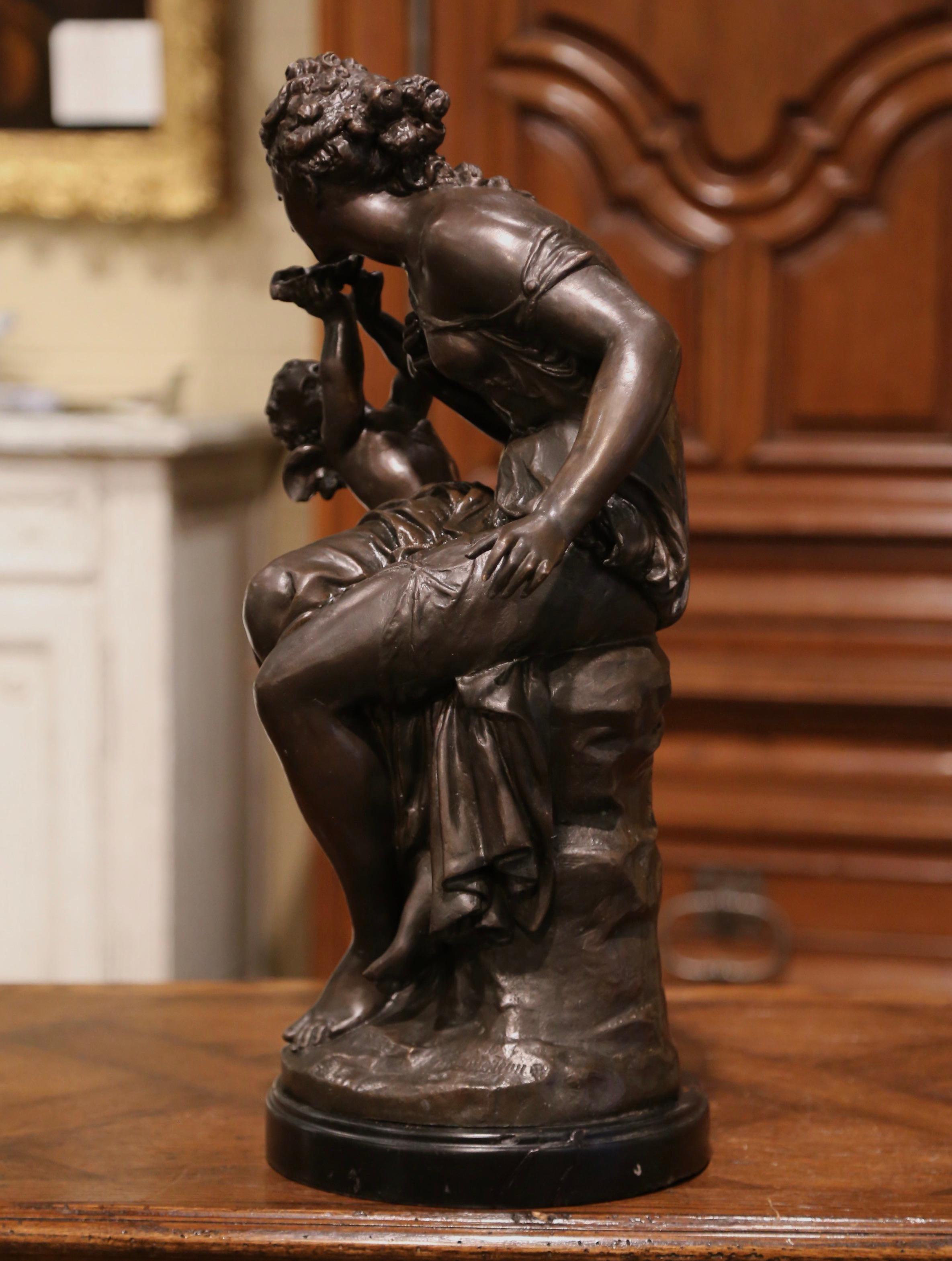 19th Century French Patinated Bronze Woman and Cherub Sculpture Signed M. Moreau 2