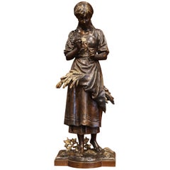 19th Century French Patinated Bronze Woman Figure Signed Eutrope Bouret